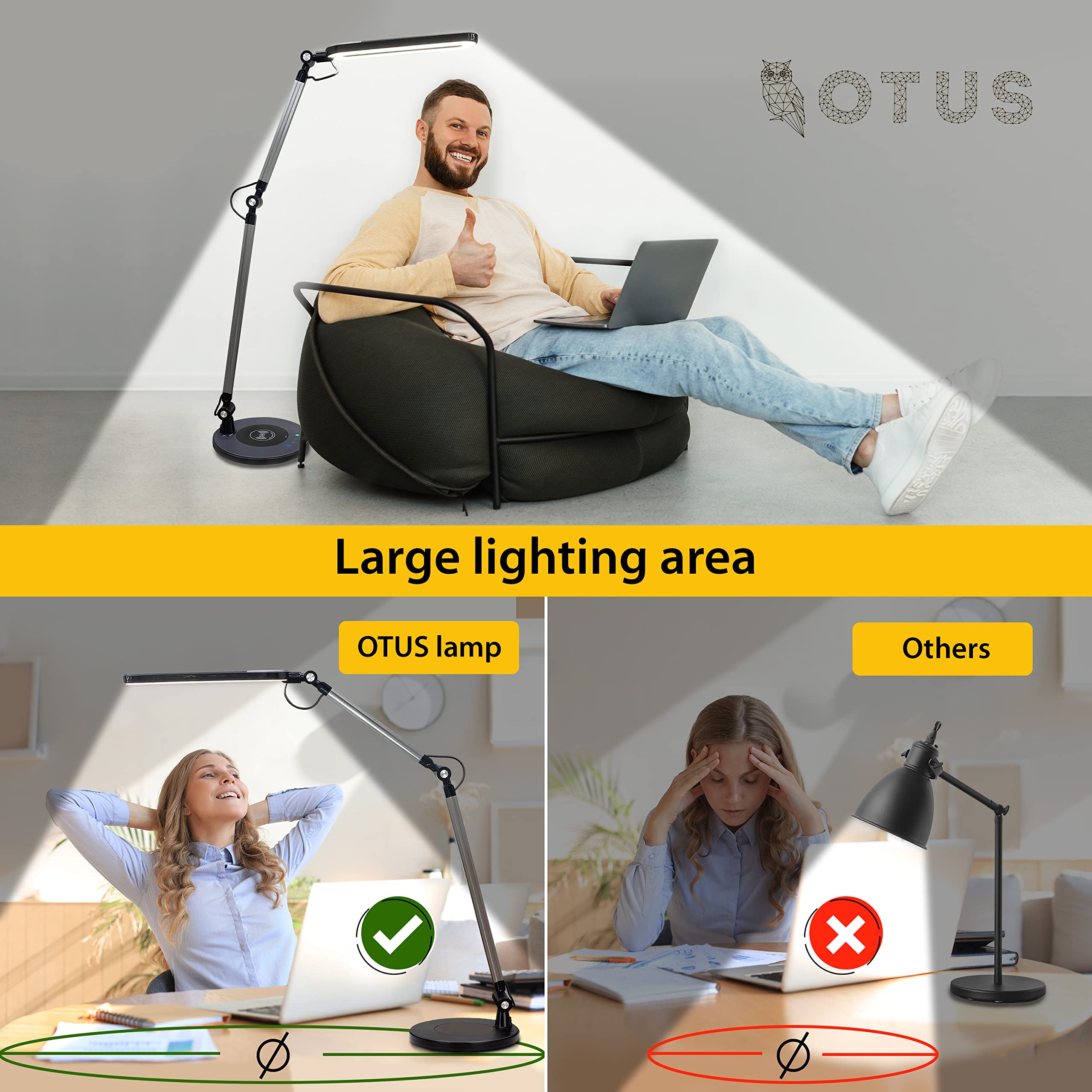 Otus Led Desk Lamp With Wireless Charger | Architect Desk Lamps For Home Office | Desk Light Swing Arm, Adjustable Color Temp &