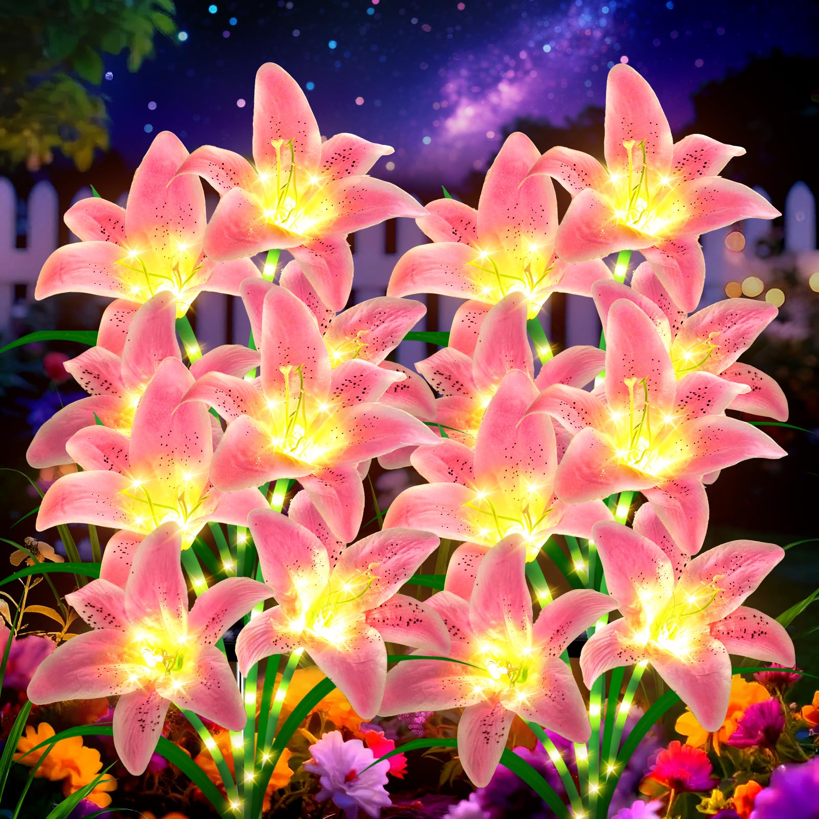 Solar Garden Lights 4 Pack 16 Pink Lily Flowers,Gifts for Mom Woman Birthday Outdoor Solar Flower Lights,Cemetery Flowers for Gr
