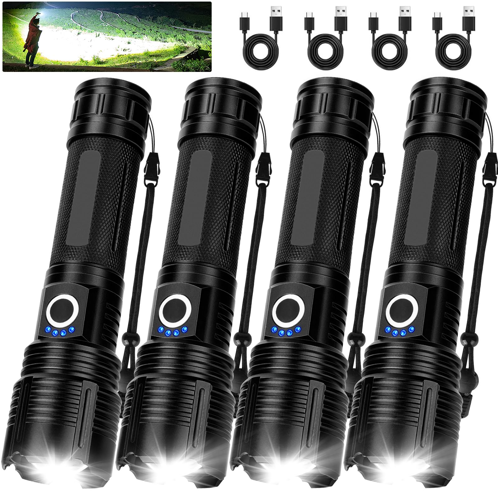 MILAOSHU 4 Pack Flashlight Rechargeable 99,000 High Lumens, Super Bright Rechargeable Flashlights for Home, Powerful LED Flash L