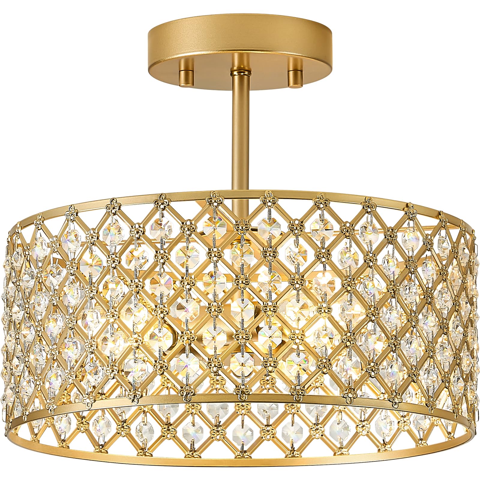 Bzvesr Gold Crystal Ceiling Light Fixture,Modern Semi Flush Mount Ceiling Lighting Fixture,Round Small Chandelier For Dining Roo