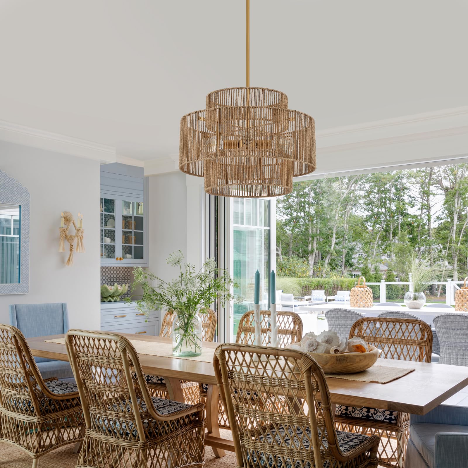 ELYCCUPA 24” Boho Rattan Chandelier, 4-Light Adjustable Pendant for Kitchen, Dining, Living Room, Brass, Model 334-SCD-4