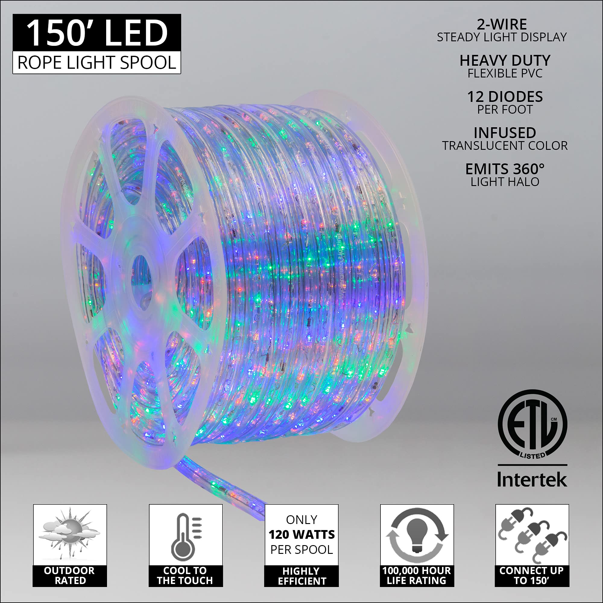 Wintergreen Lighting 150Ft 1800 Led Heavy Duty Rope Light Spool, 120V Etl Indoor Rope Lights Plugin Outdoor Tube Lights ½ Inch, Accessories And Mounting Clips Included, Multicolor