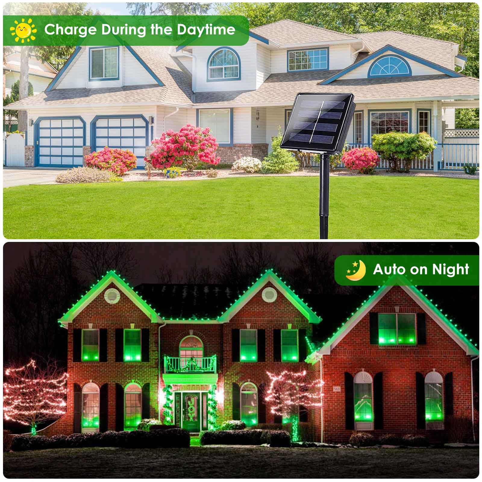 EEW Solar Christmas Lights 200 LED Green Wire 2 Pack Waterproof 8 Lighting Modes Model CAIYUAN-100