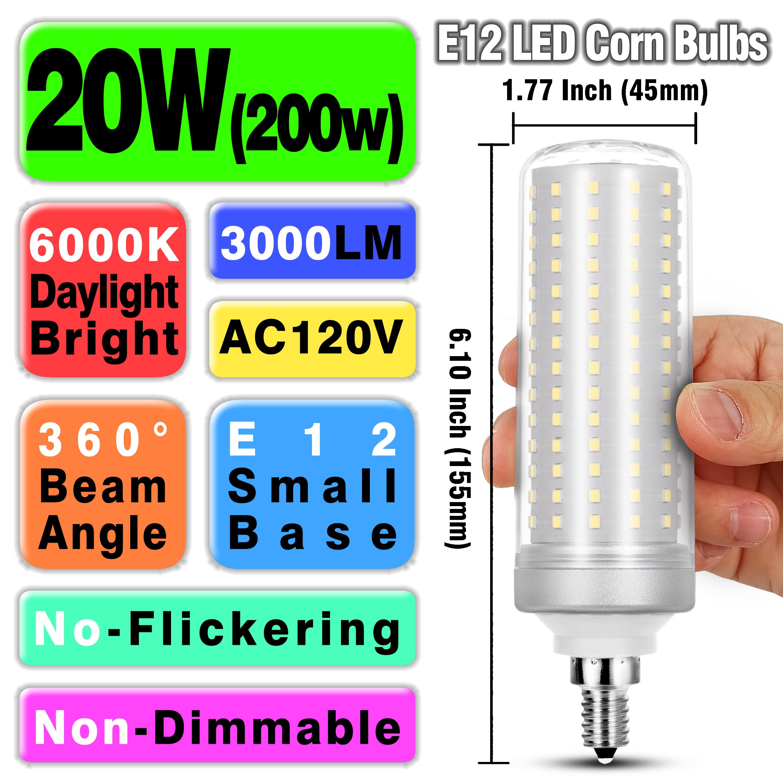 Big 1.77X 6.1 Inch, E12 200W Equivalent Led Candelabra Bulbs C7,6000K Daylight Bright White,3000 Lm T6 E12 20W Led Chandelier Li