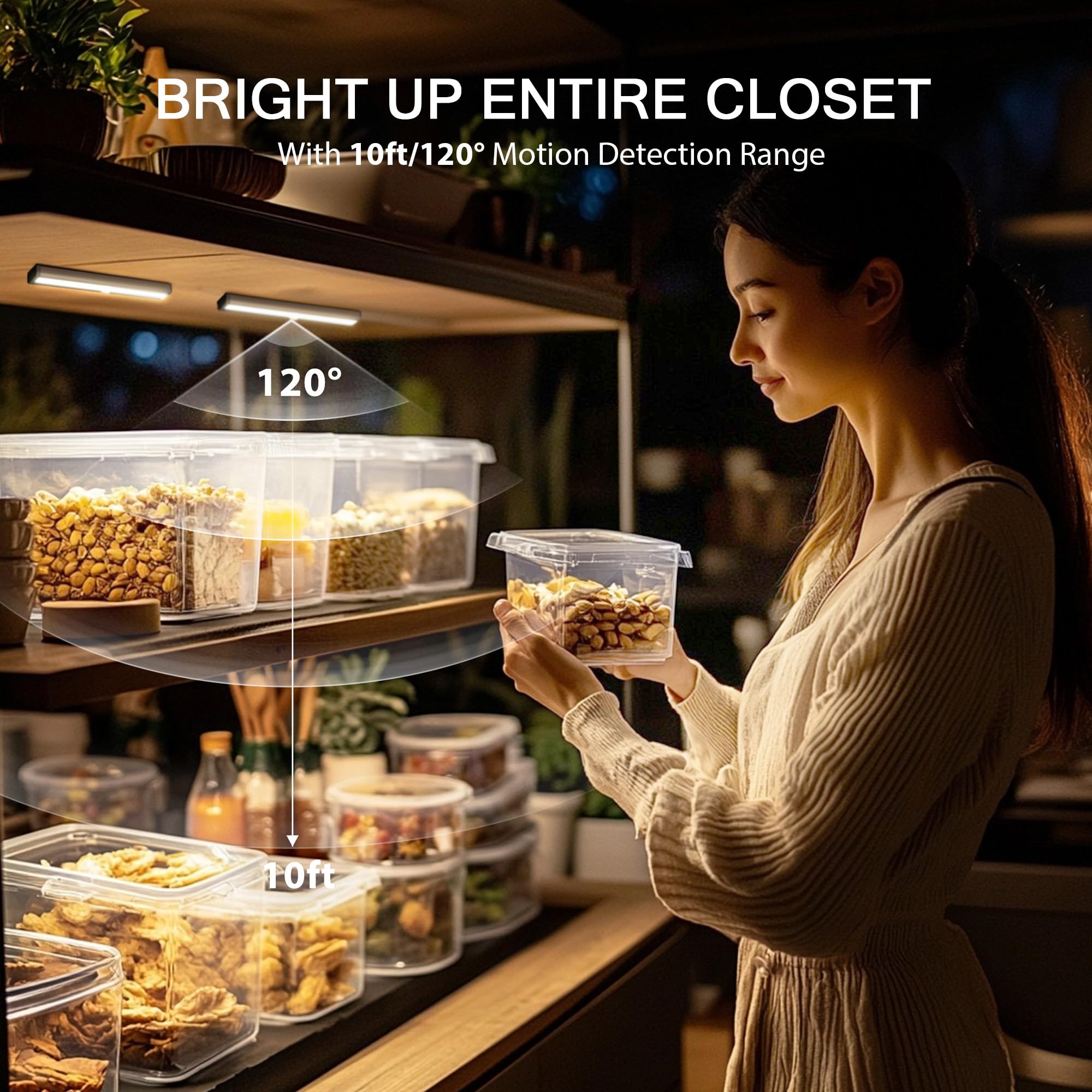 HOKOILN Motion Sensor Closet Lights, 10 LED Battery Operated Night Light Bar, 6 Pack, Aluminum, White, Model 5833