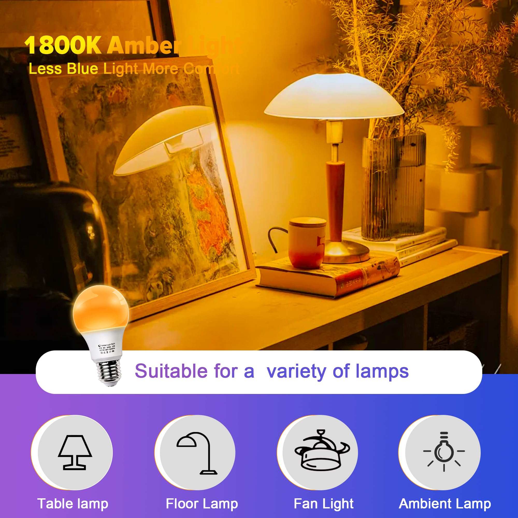 Daluxshop Amber Sleep Light Bulbs, Blue Light Blocking, A19 9W(60 Watt Equivalent) Dim Light Bulbs For Lamp, 1800K Warm Light Bu