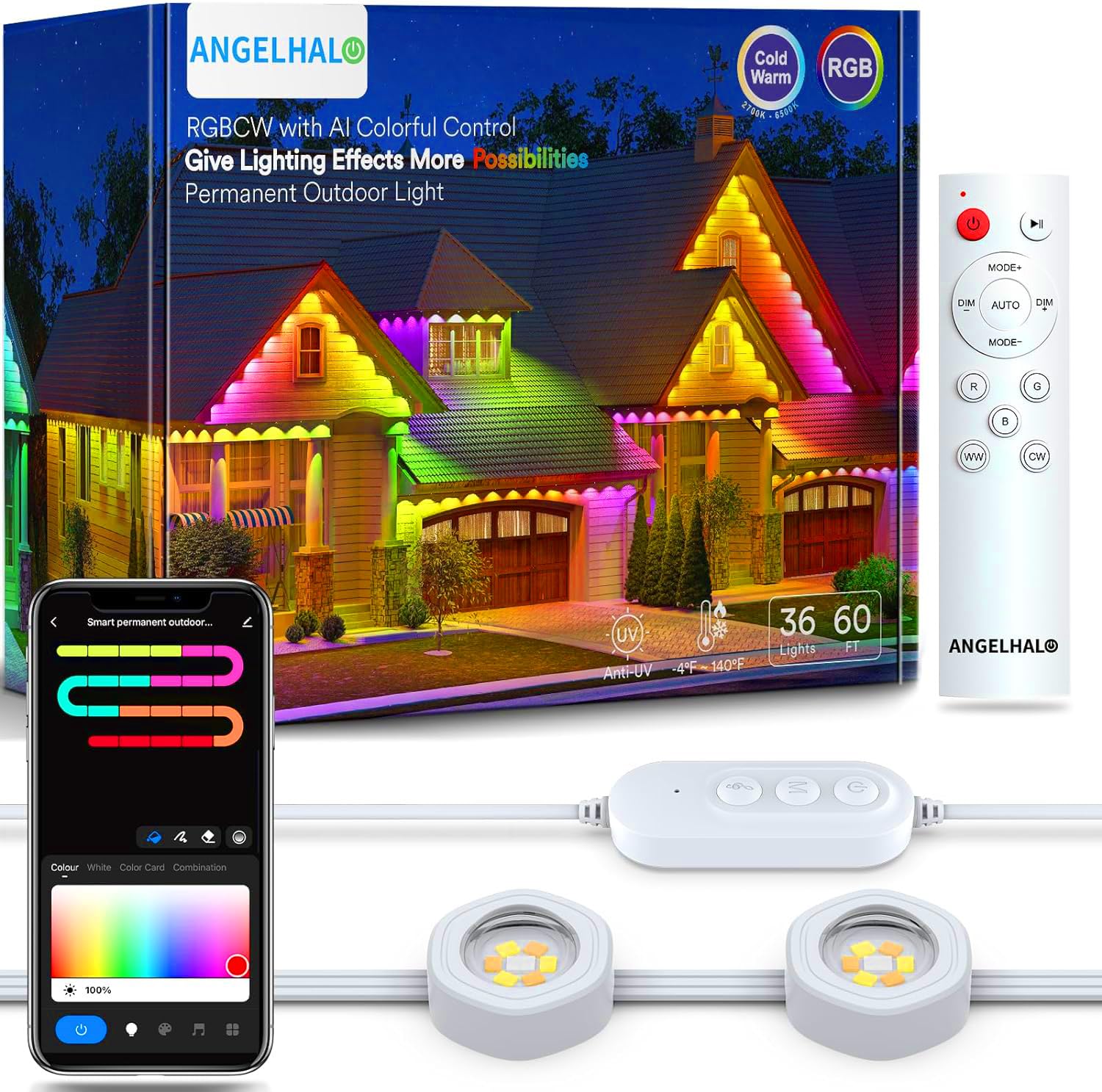 Angelhalo 50Ft Outdoor Led Lights, Ip65 Waterproof, Alexa Compatible, Warm & Cool White