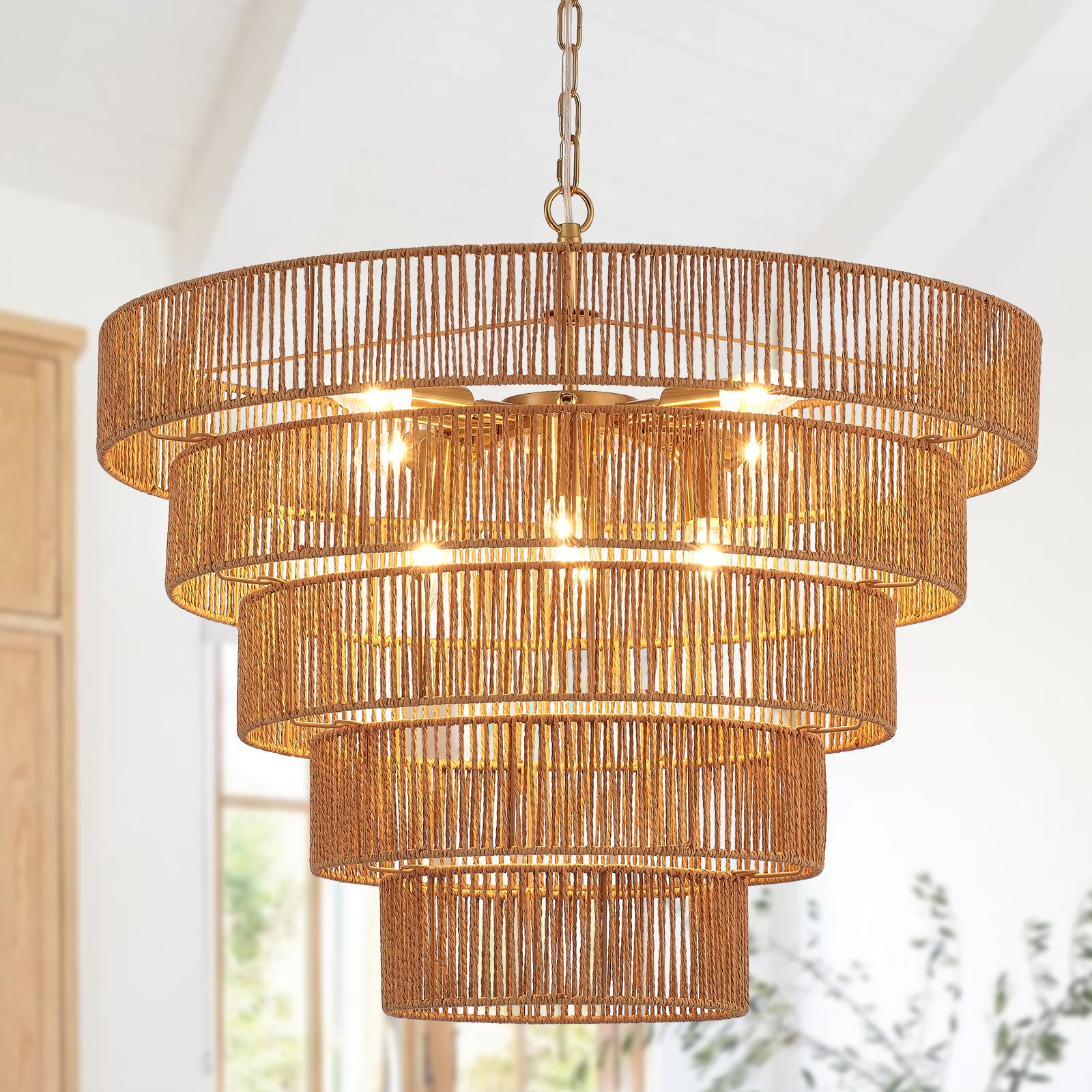 Yomecoo 25.6'' Large Rattan Chandelier Vintage Farmhouse 8-Lights Boho Hand-Woven Bamboo Chandeliers Light Fixture Drum Wicker R