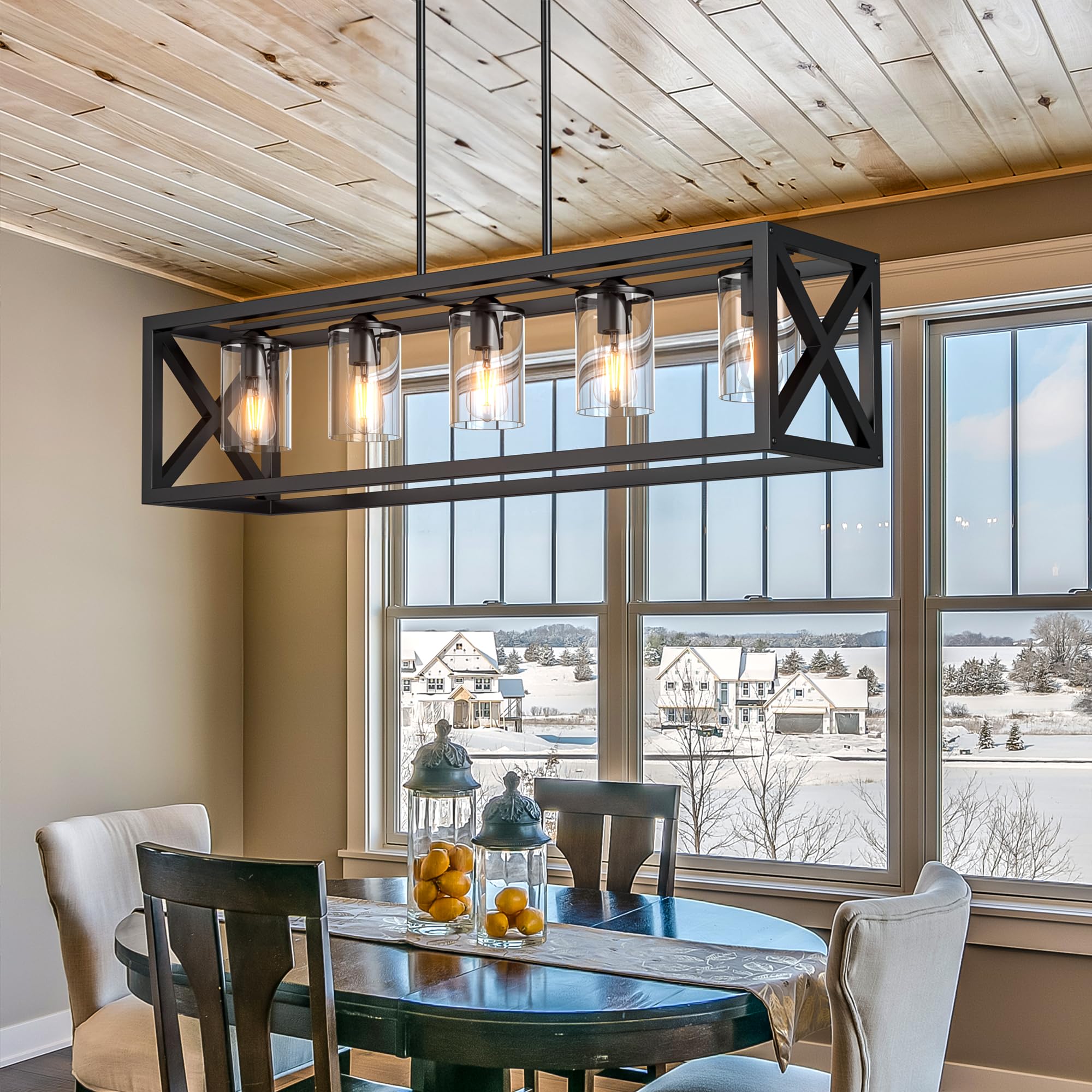 Espird 5-Light Farmhouse Dining Room Light Fixture, Matte Black Metal Chandelier, Adjustable Height for Kitchen Island
