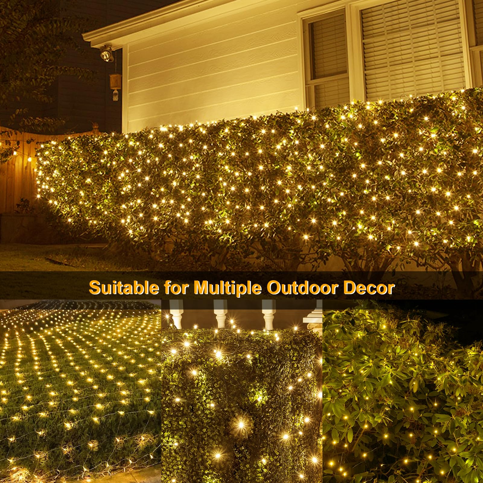echosari Solar Net Lights 100 LED 5Ft x 5Ft Warm White Auto On/Off 8 Modes Outdoor Mesh Decor