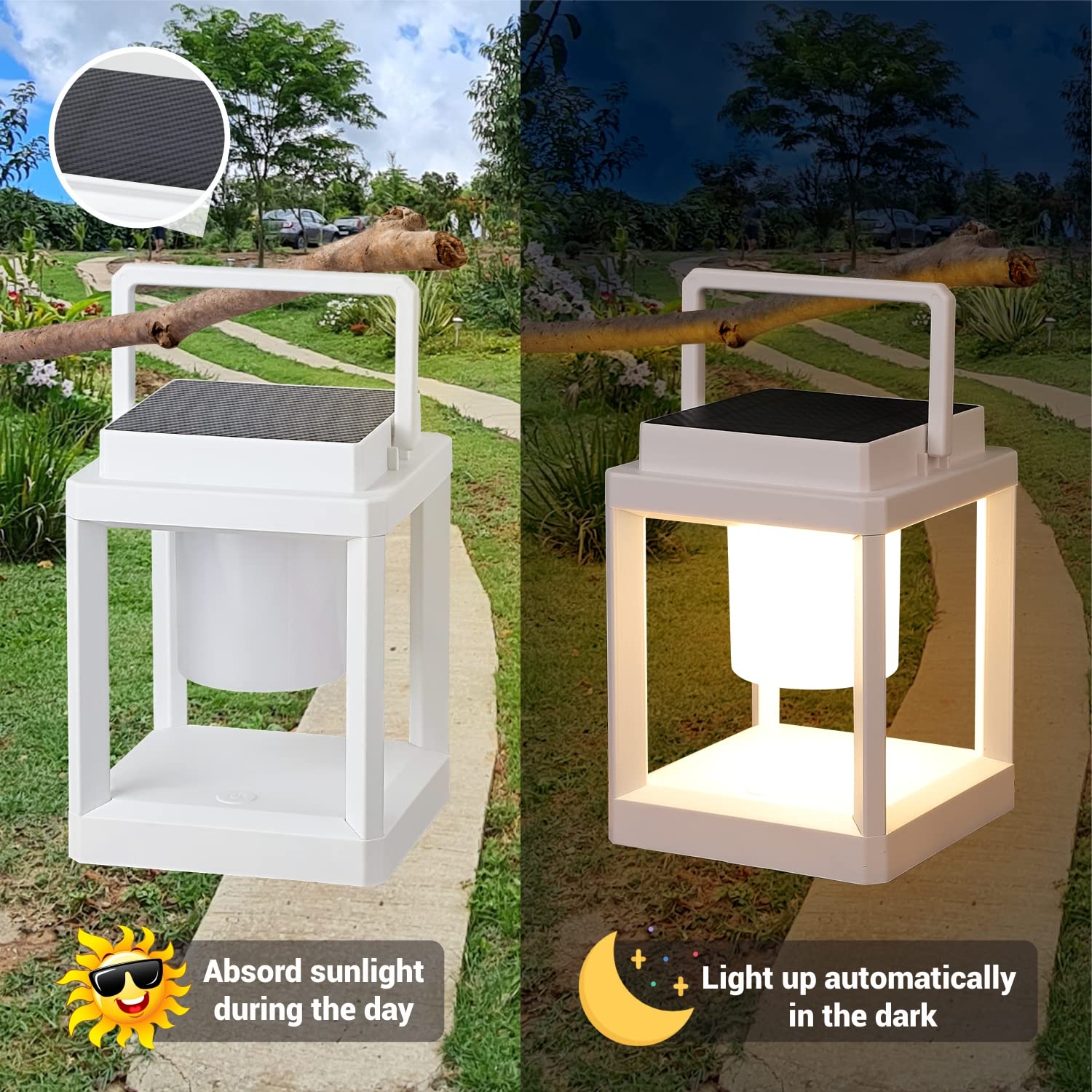 LETRY Outdoor Table Lamp, Portable Solar Lantern, IP44 Waterproof, Touch Control, LED, Square, Black, Model LE07