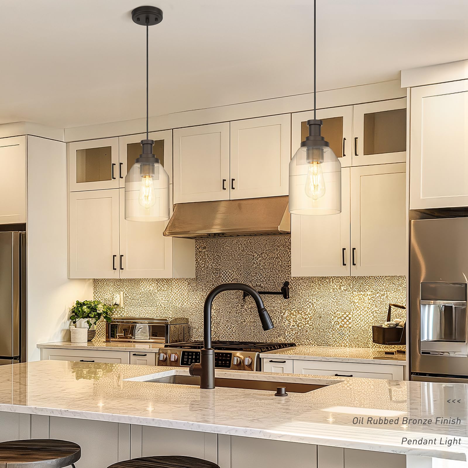 Zeyu 2 Pack Farmhouse Hanging Pendant Lights Kitchen, Large Kitchen Pendant Lighting Over Island, Clear Glass Shade, Oil Rubbed