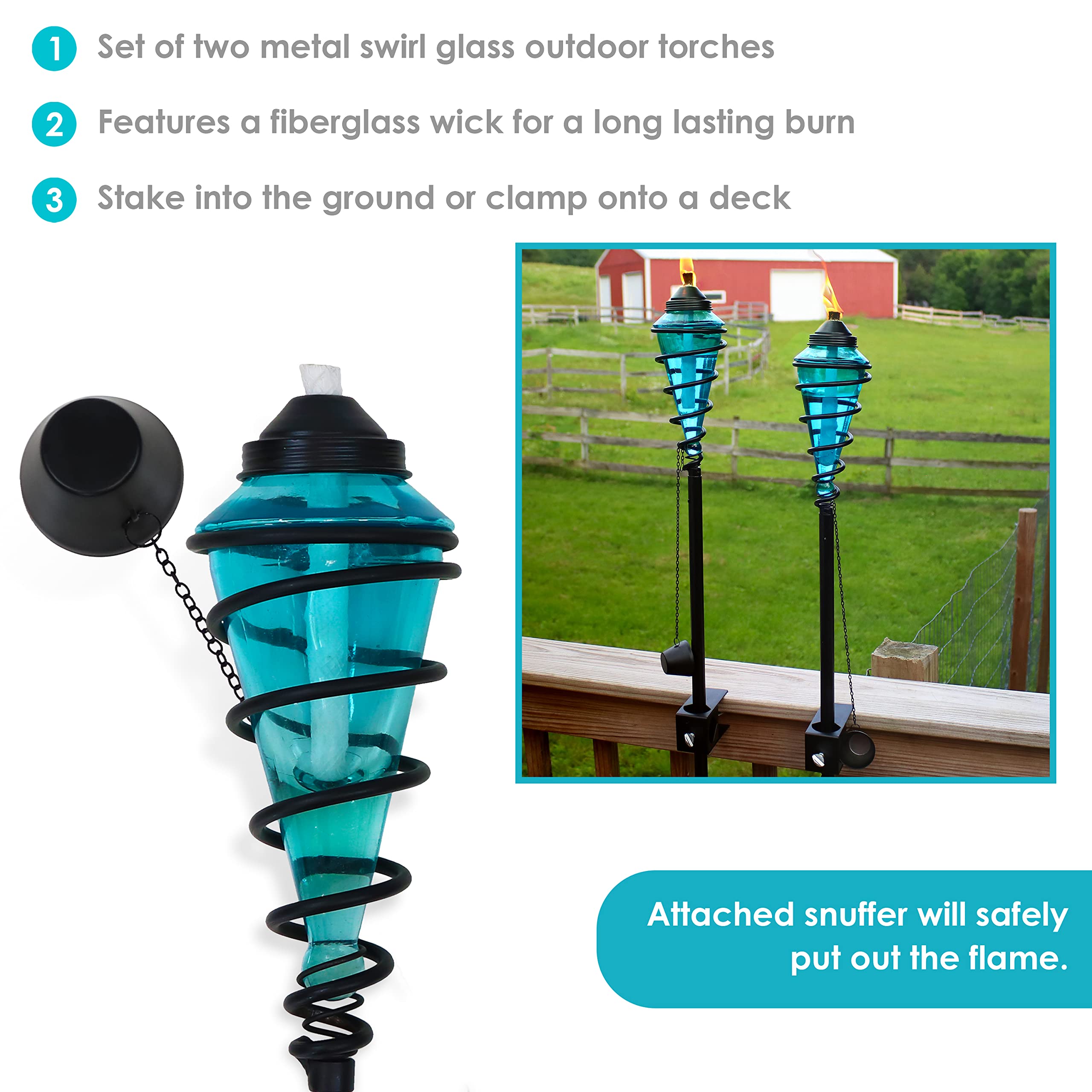 Sunnydaze Glass Patio Torch Set of 2 - Adjustable 25in to 66in Height - Blue - Steel - Model WKO-158