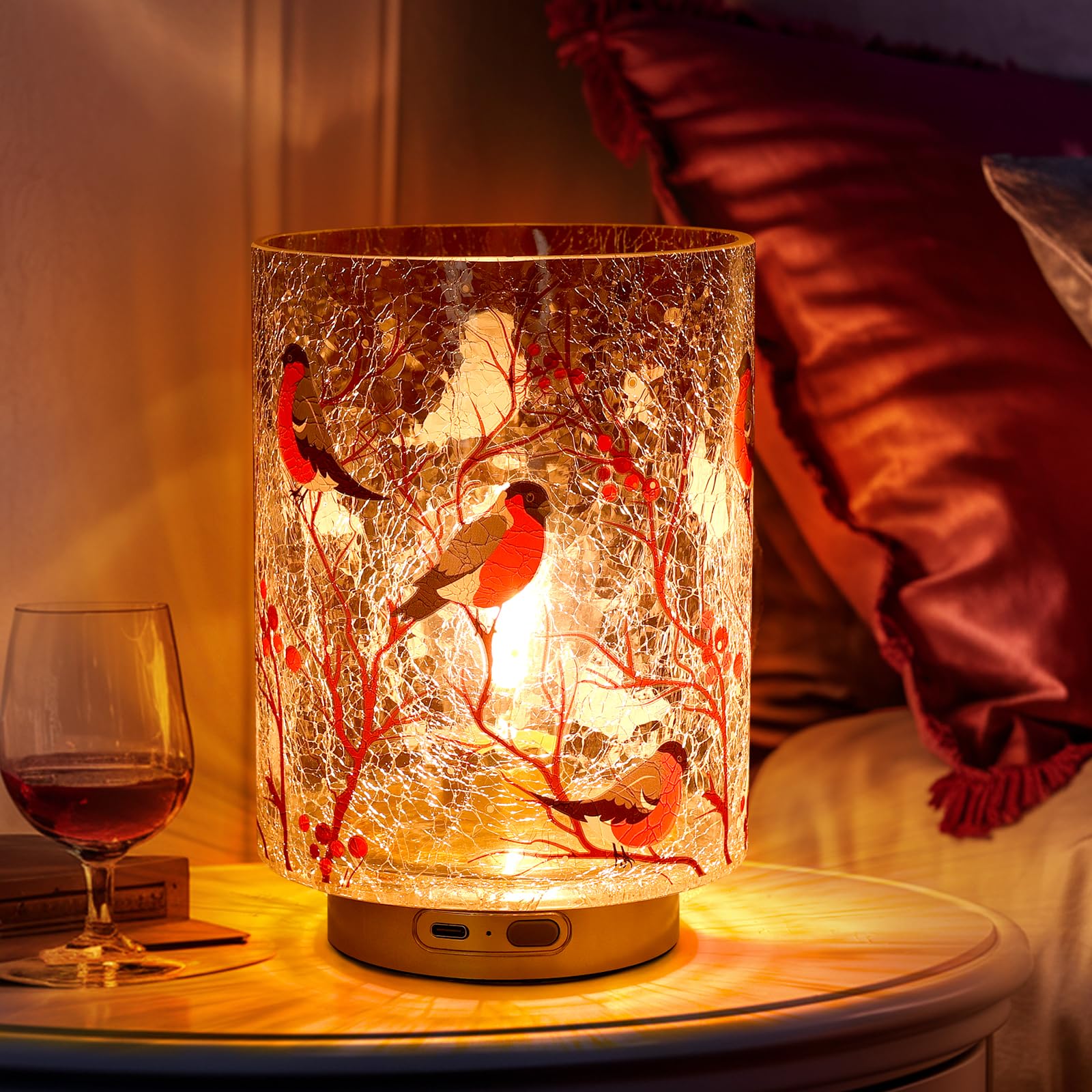 Rechargeable Battery Table Lamp Timer, Handmade Crackle Glass Lamps With Two-Level Dimmer, Emergency Cordless Lamp For Area No P