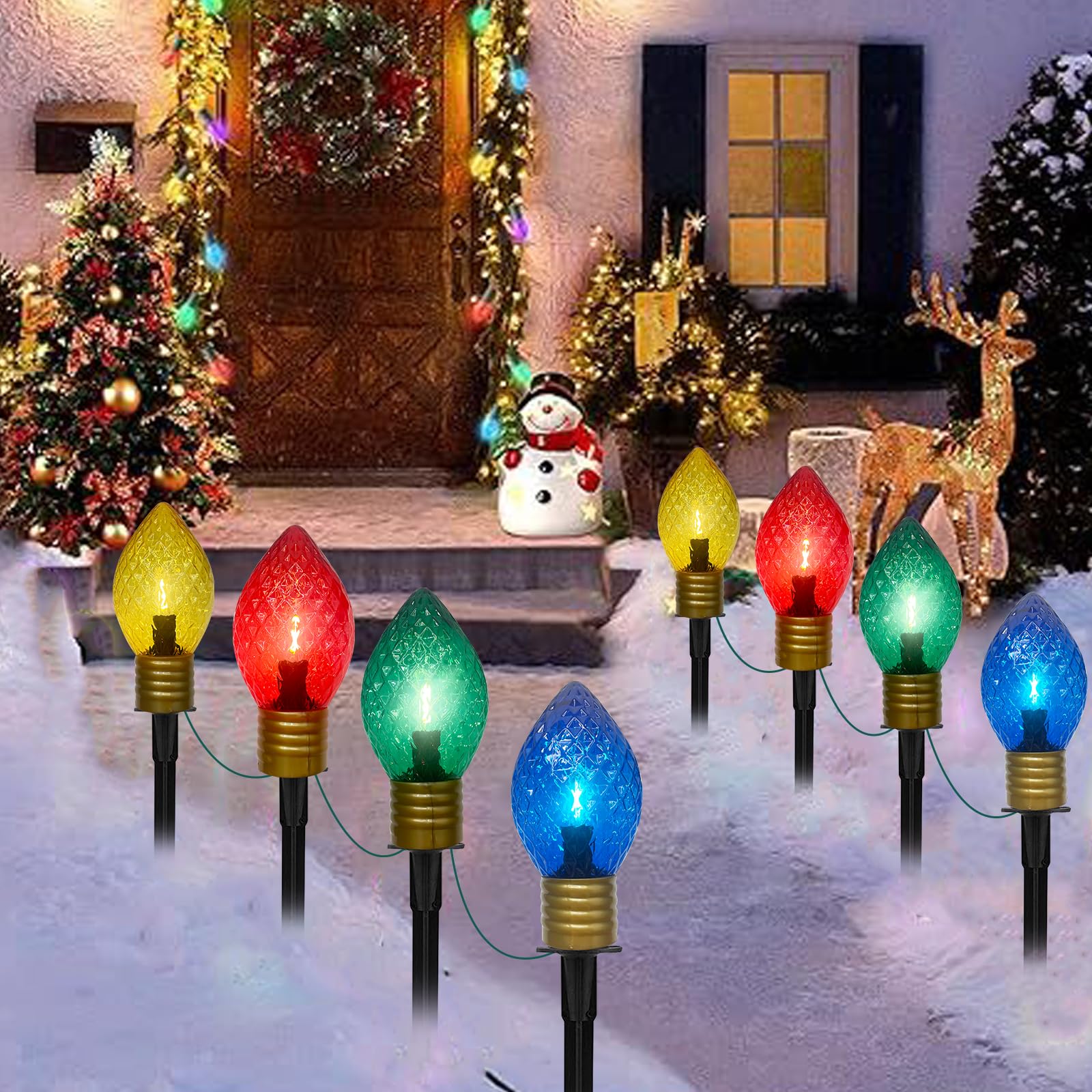 Jumbo C9 Christmas Pathway Lights Outdoor  2 Pack Total 14Ft 8 LED C9 Giant Multicolor Christmas Walkway Lights  Connectable Outdoor Xmas Decorations Stakes Lights for Lawn Yard Garden Holiday