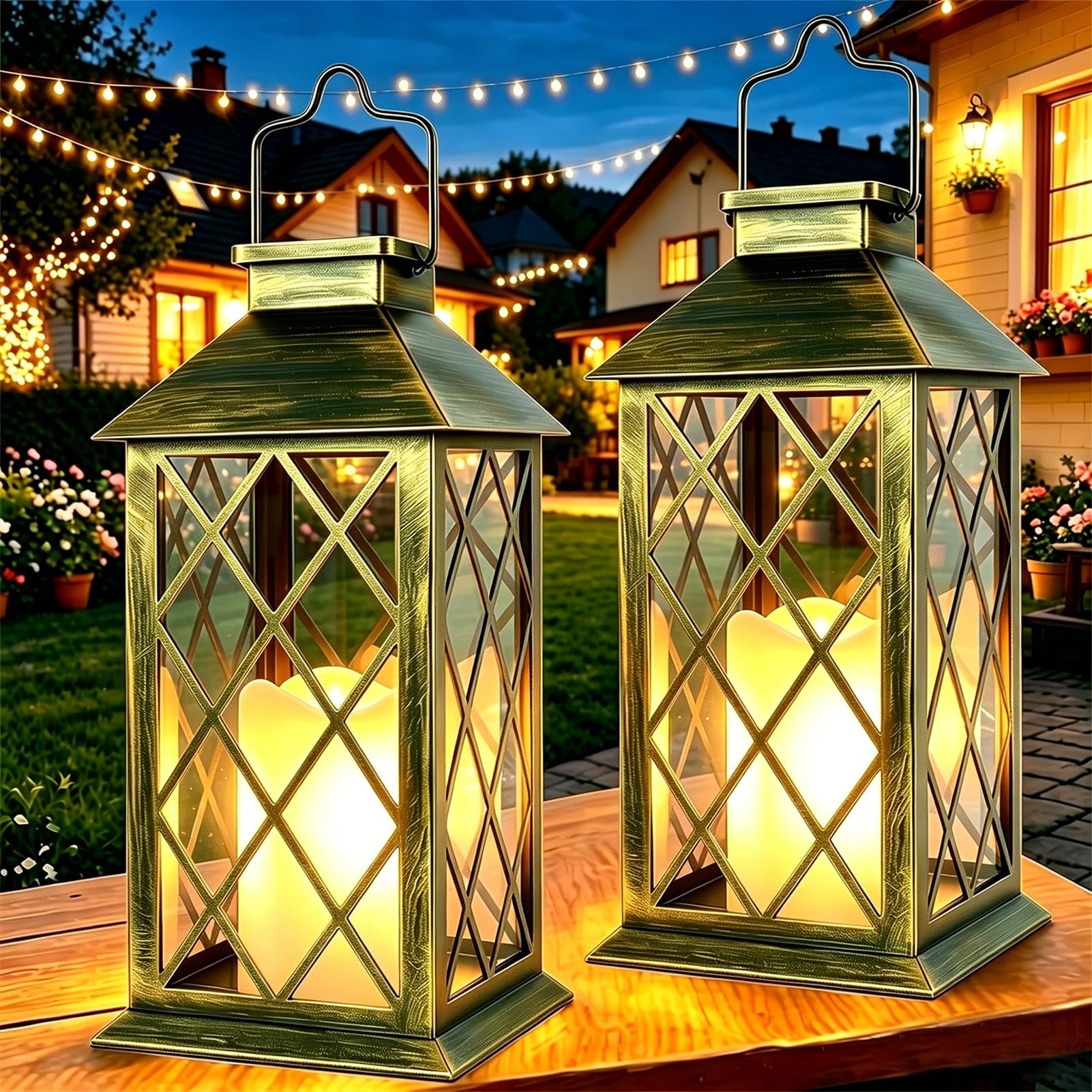 Dekofun 2 Pack 14 Large Tempered Glass Solar Lanterns Outdoor Waterproof, Hanging Solar Lights with Flickering Flameless Candles