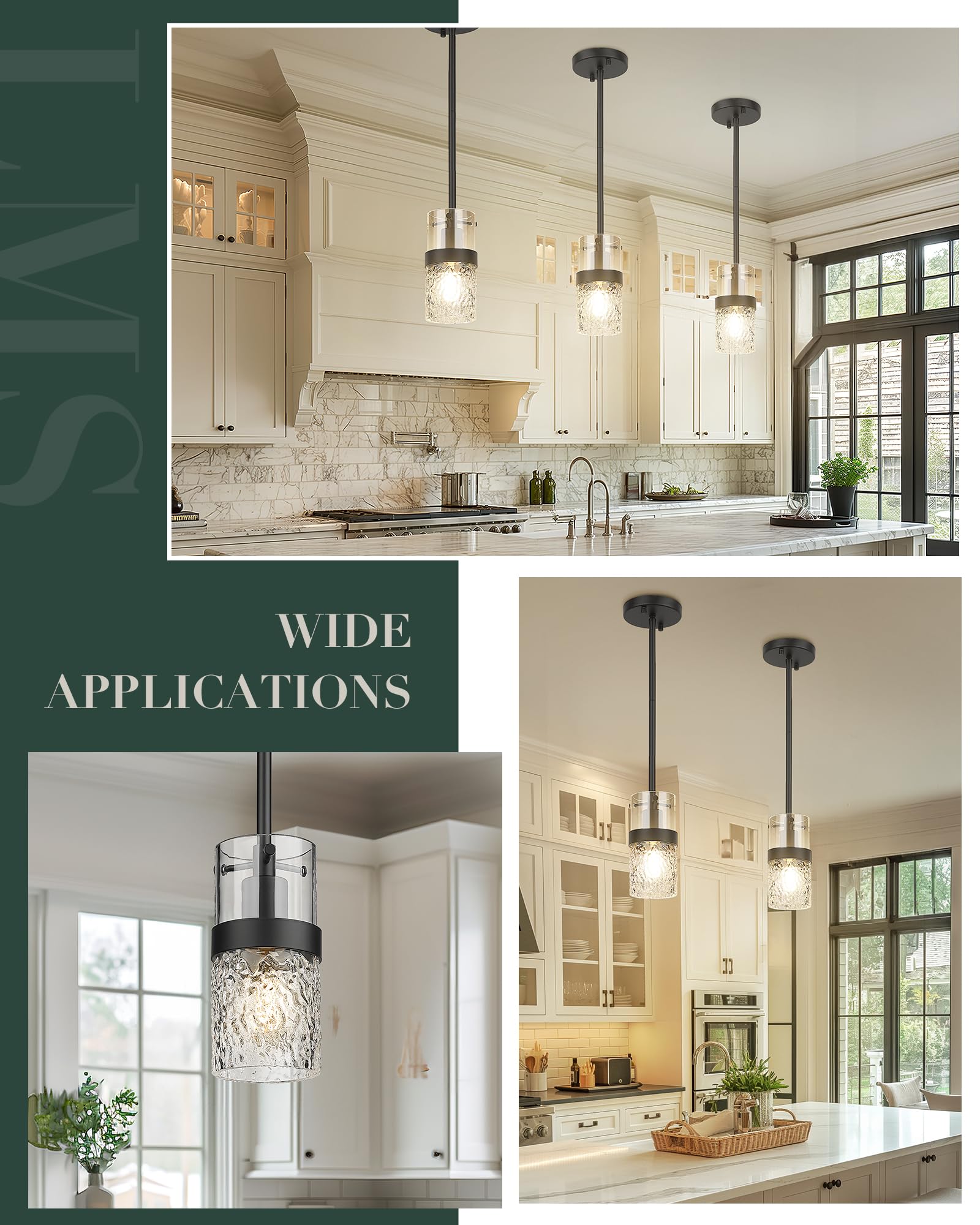 Lms 2-Pack Modern Matte Black Pendant Light, Adjustable Hanging Pendant Lighting With Hammered Glass, Tiltable Pendant Lighting For Kitchen Island, Bathroom, Bedroom, Lms-201