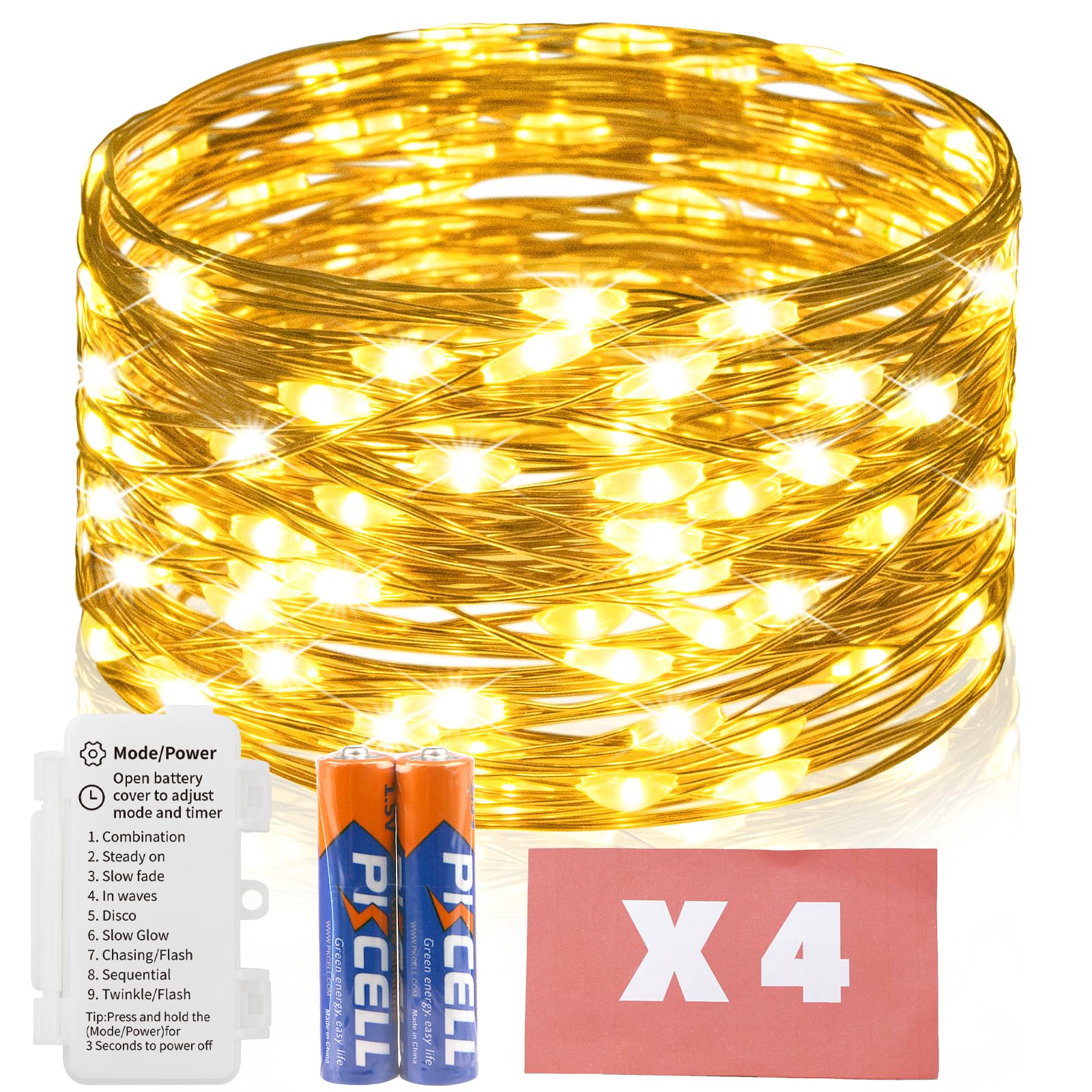koopower 4 Pack 50 LEDs Fairy Lights with Timer, 8pcs Batteries, and 9 Modes on 16ft Waterproof Copper Wire String Lights for Bedroom, Wedding, and Christmas Decor, Warm White