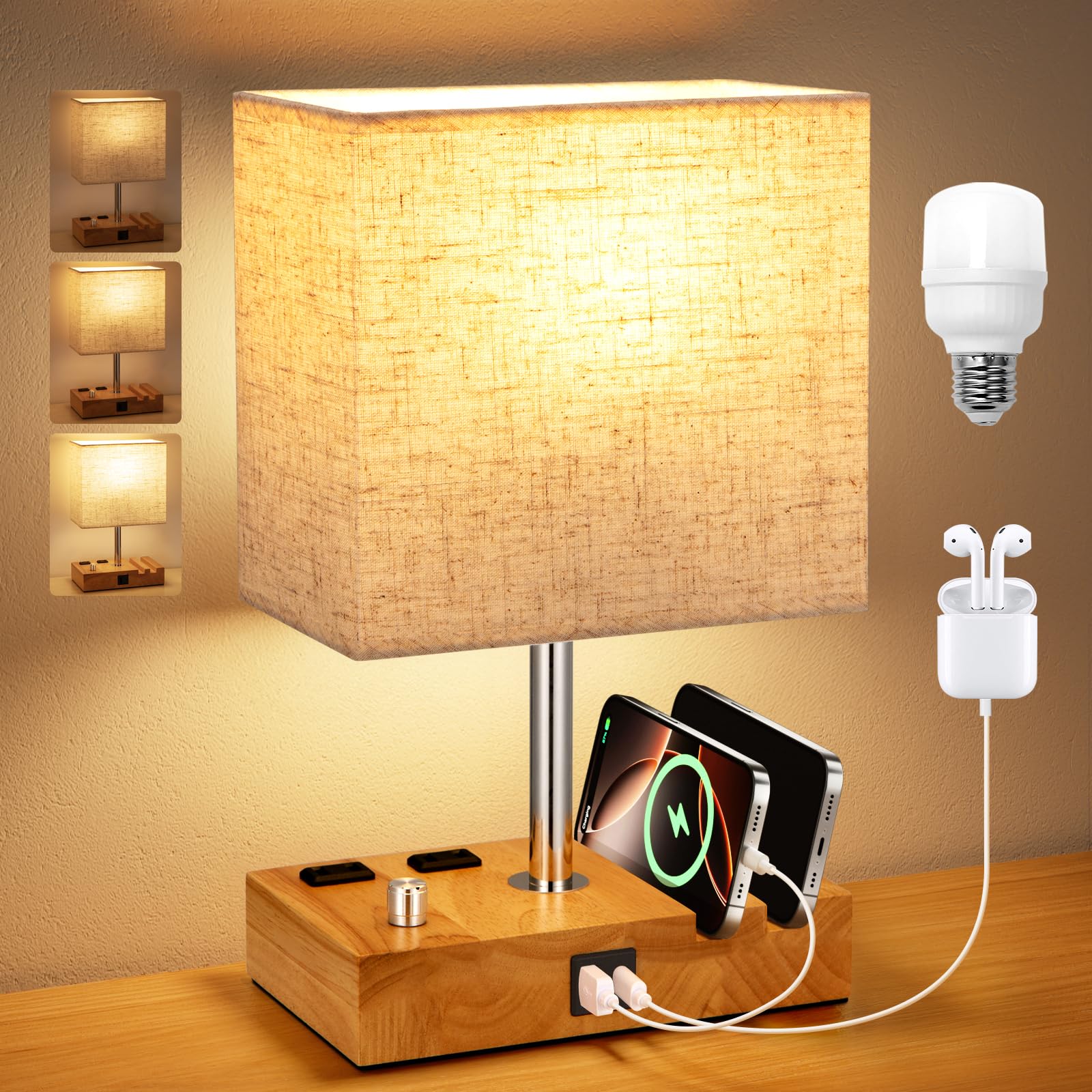 Kakanuo Fully Dimmable Nightstand Lamp for Bedroom with USB C Ports  Small Bedside Table Lamp with Charging Outlets and Phone Stands  Wooden Desk Lamp for Living Room  LED Bulb Included