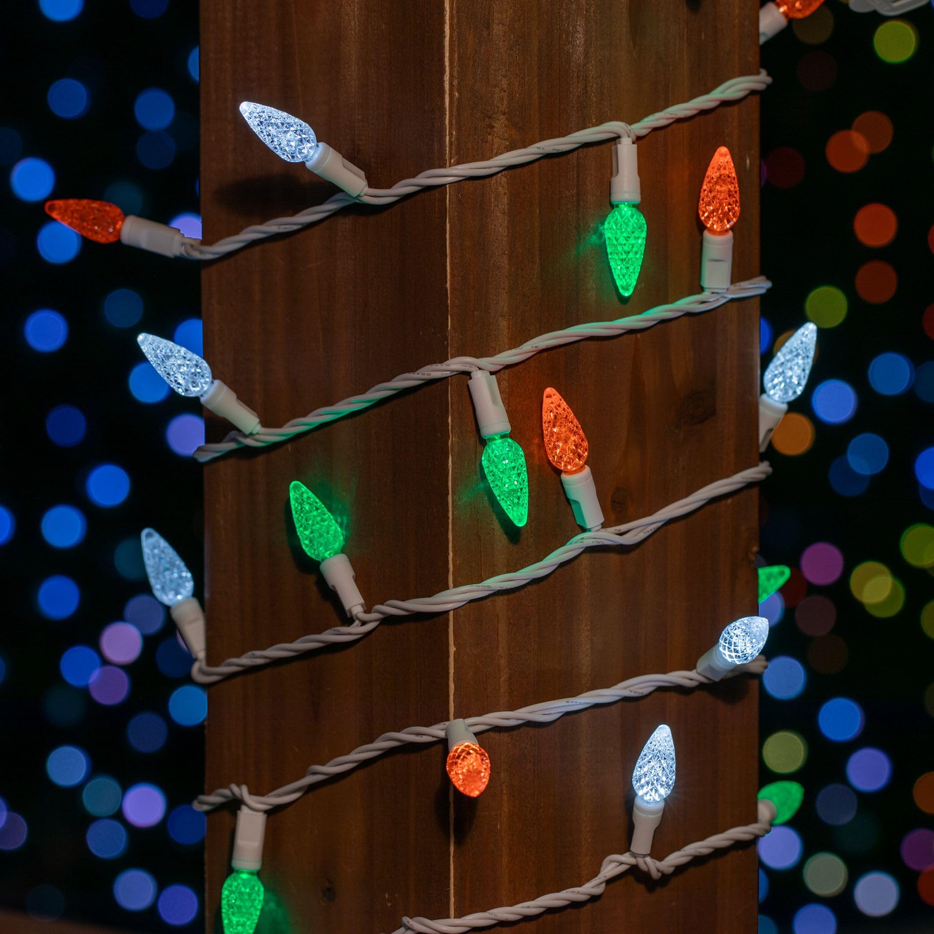 Novelty Lights 24FT LED C6 String Lights, White Wire, Green/White/Orange, Model MRD-35B-2, Outdoor Holiday Decorations