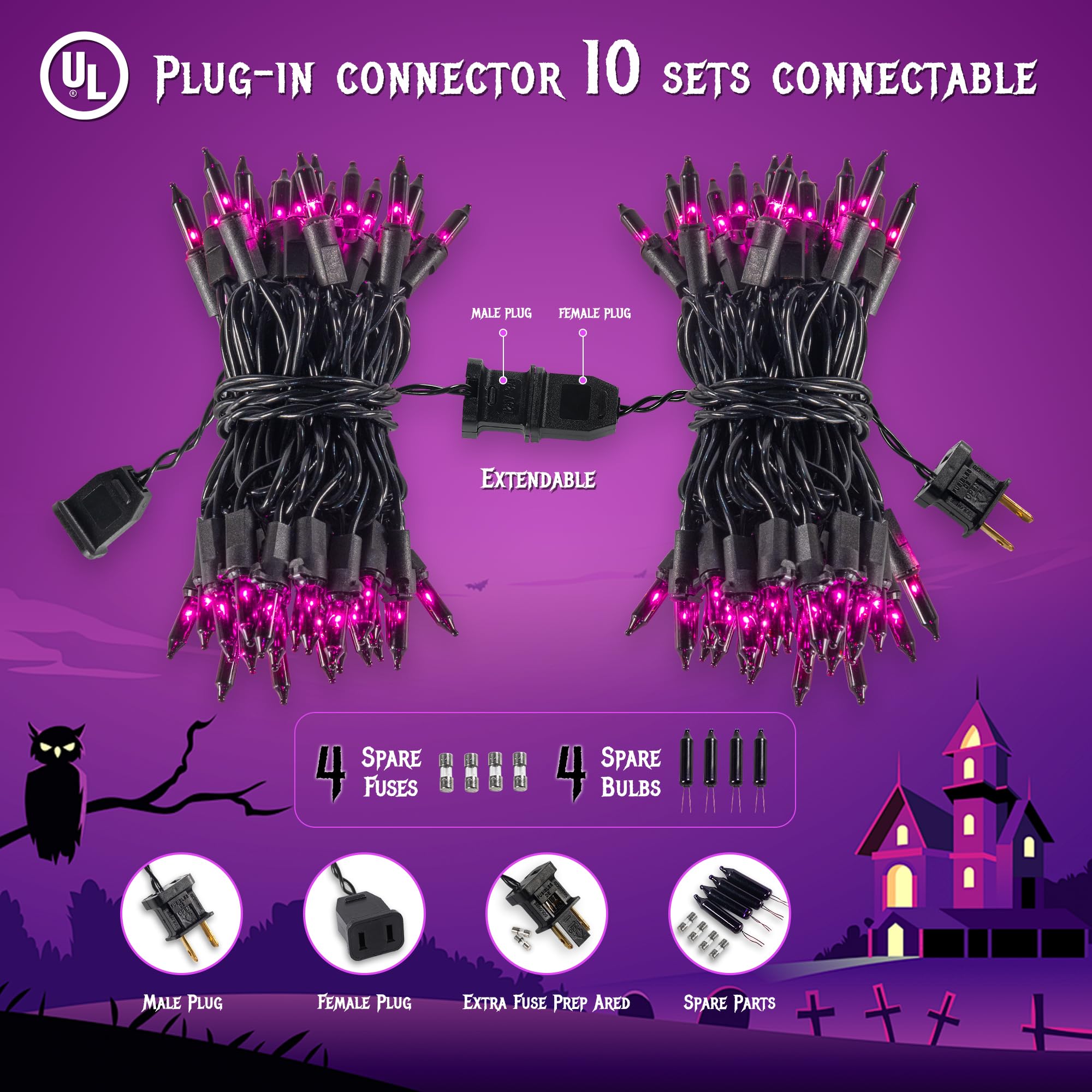 Hopolon Mini Lights, 50 Count 13 FT Incandescent String Lights, Purple, Waterproof Black Wire for Halloween & Christmas D?or