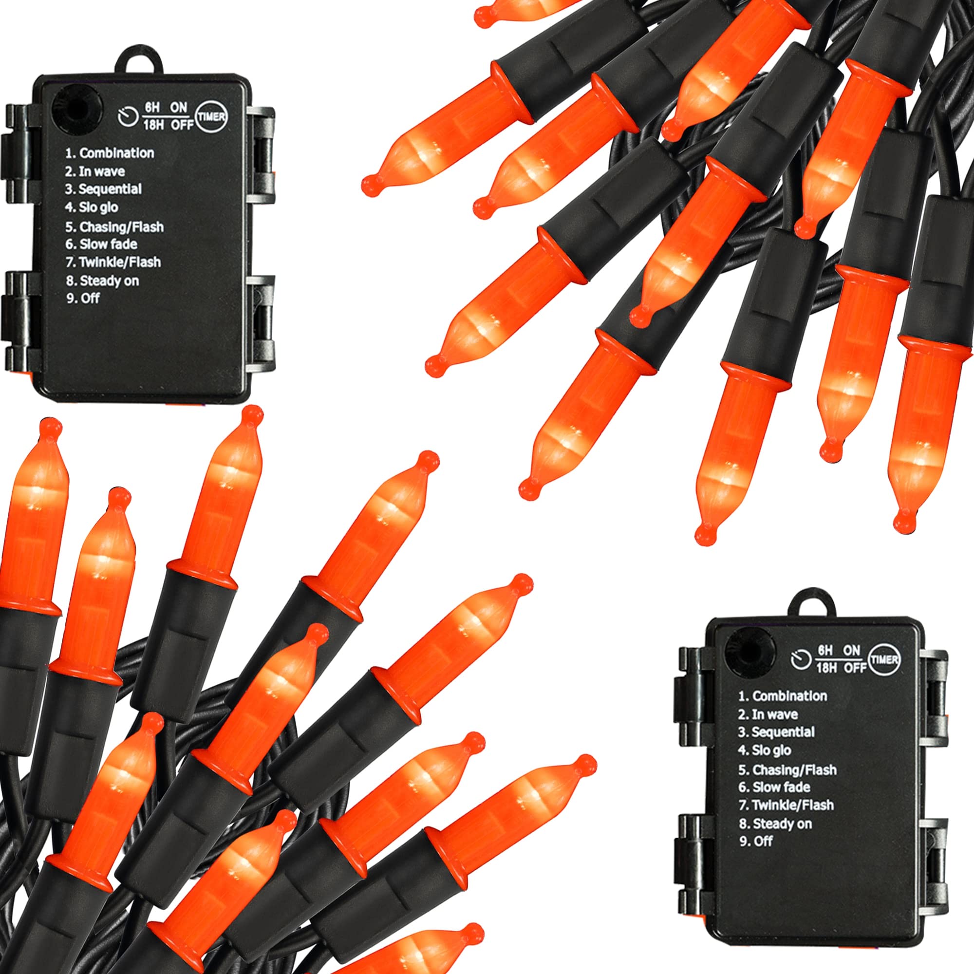 Battery Operated Halloween Lights, 2 Pack 50 Led 16Ft Orange Halloween Lights Outdoor, Waterproof Mini String Tree Lights With 8