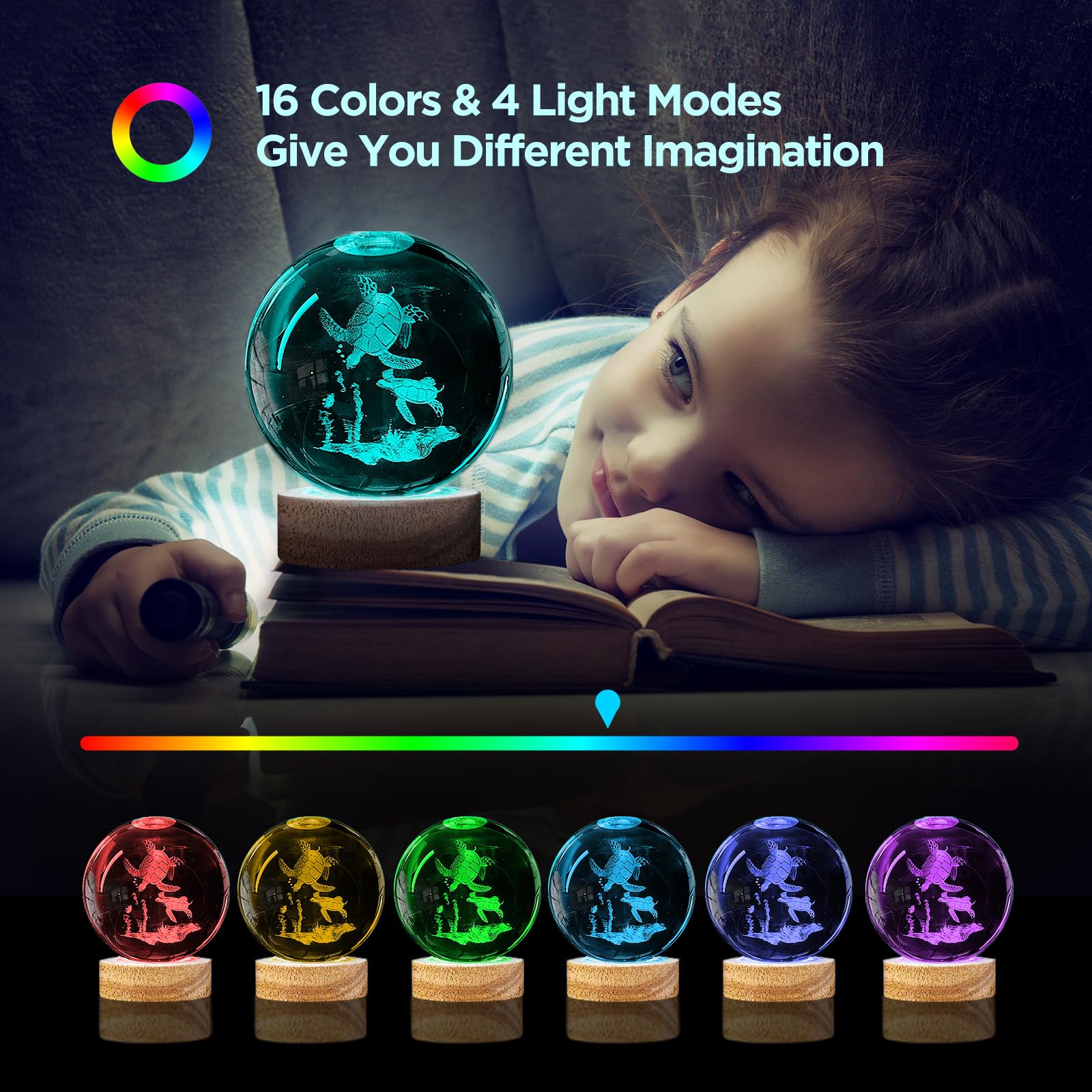 3D Sea Turtle Crystal Ball Night Light With 16 Color Led Wooden Base  Large 3.15 Inch Sea Turtle Glass Ball Lamps With Remote Cool Birthday Christmas Turtle Decor Gifts For Boys Girls Friends