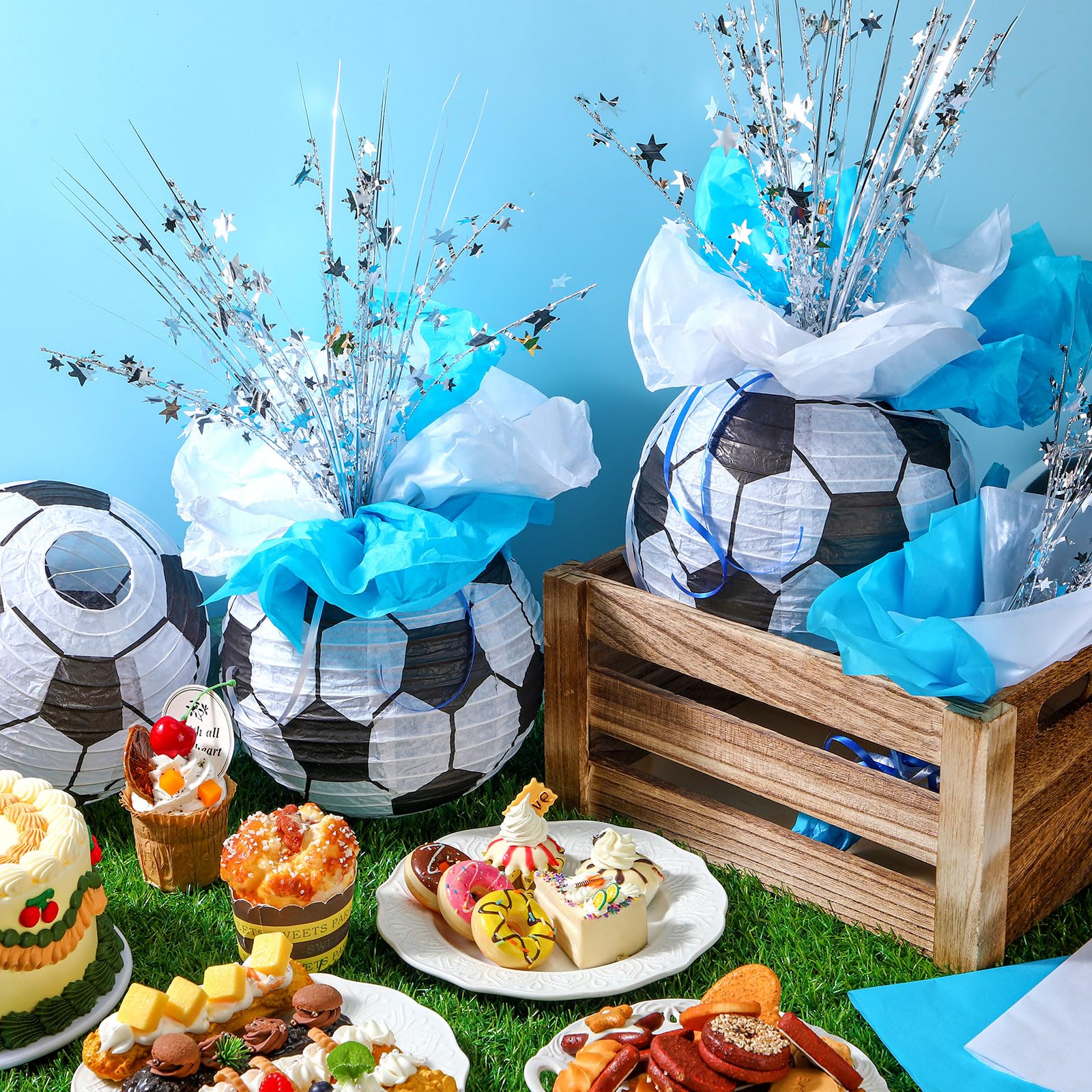Rossesay Soccer Ball Lantern Centerpieces - 26 Pieces, Blue White, Model XUU-Rossesay-2155, Perfect for Soccer Birthday Party Decorations