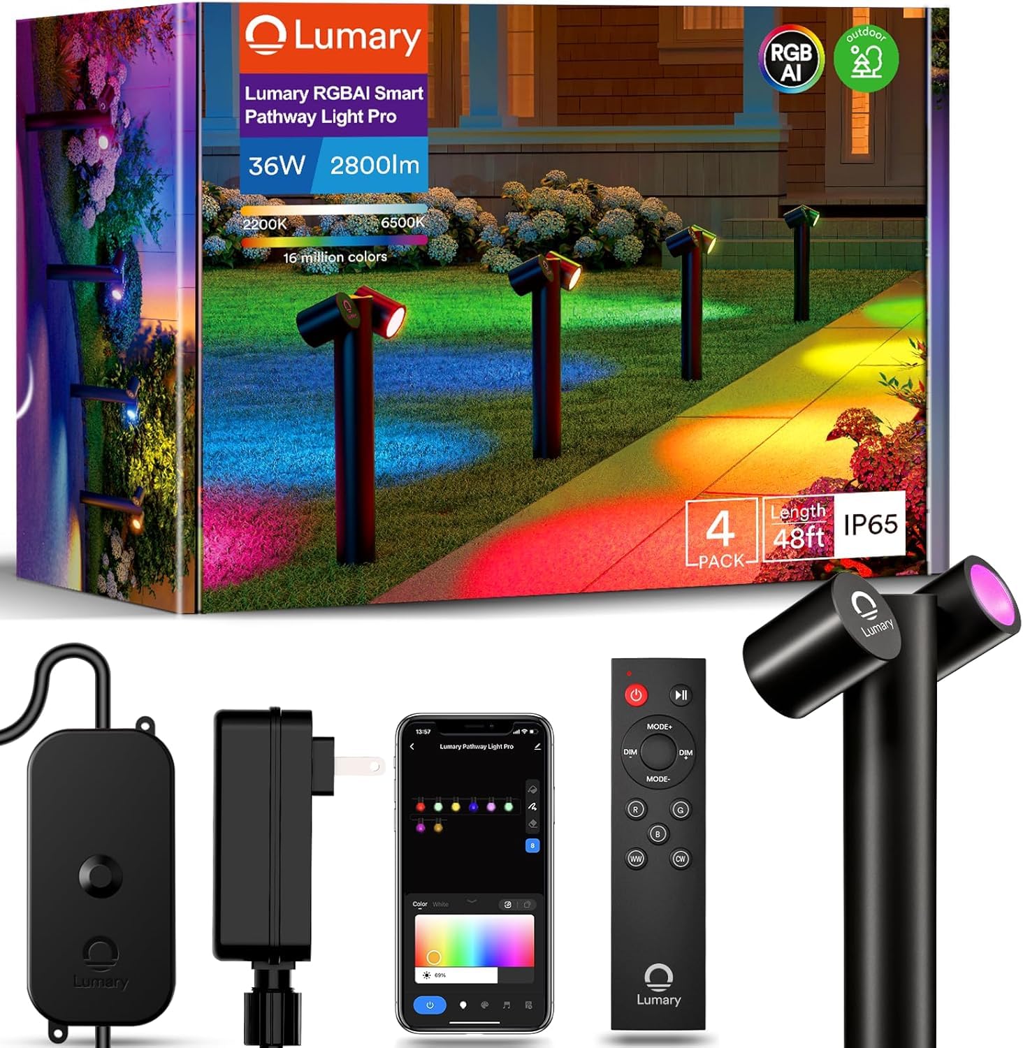 Lumary Smart Pathway Lights Pro 700LM, RGBAICW Color Changing Landscape Lights with 8 Adjustable 355 Spot Lights IP65 Waterproof