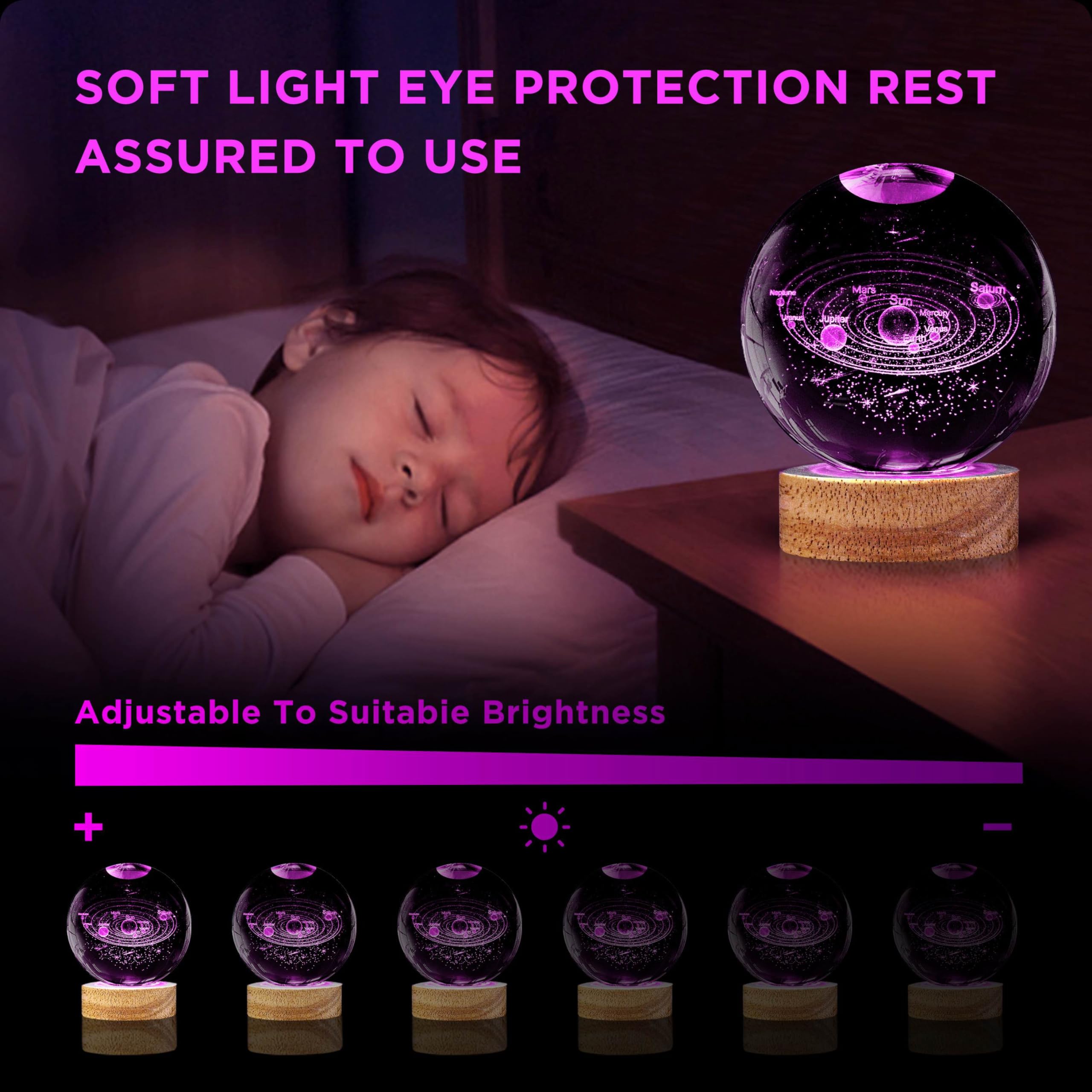 Oriamde 3D Solar System Crystal Ball Night Light, 3.15" Glass Lamp with 16 Color Change, Wooden Base & Remote, Ideal Space Gift for Kids