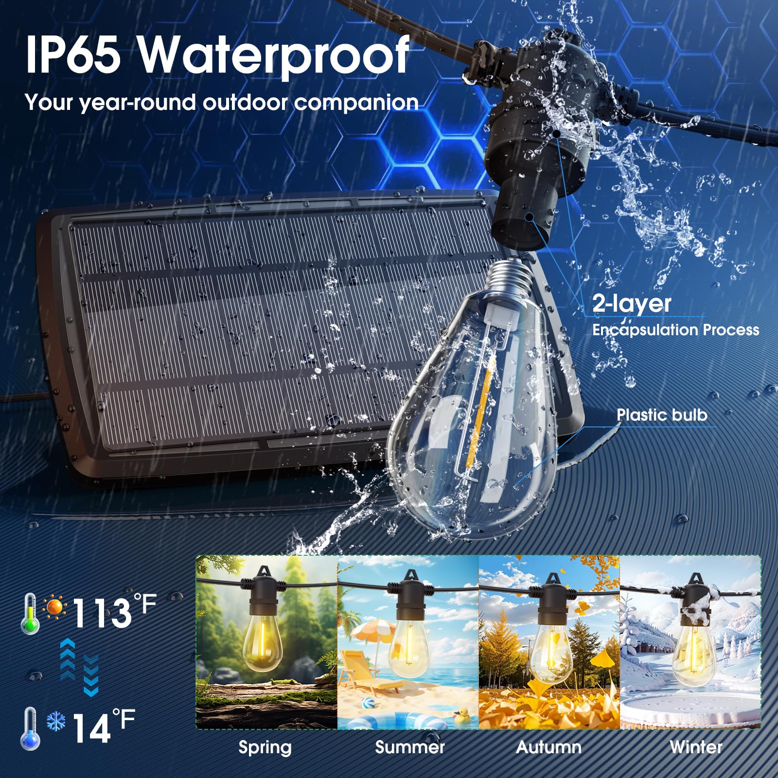 Kyy Solar String Lights 54Ft With Remote, Waterproof Led Edison Bulbs, Usb Port, Ul Listed