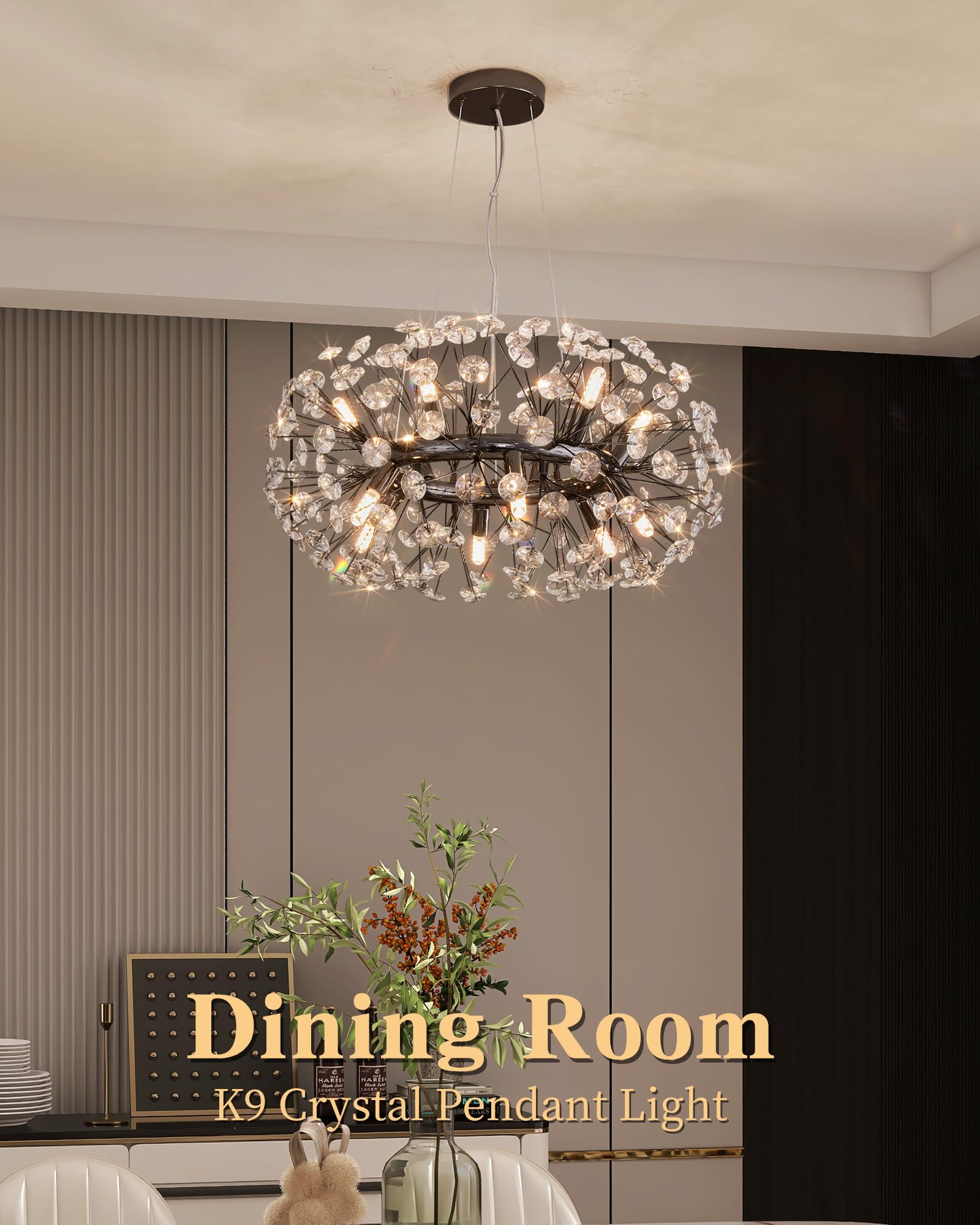 Witkey Modern Firework Chandelier, 23.62" Black Crystal Sputnik Pendant Light for Dining Room, Kitchen, Living Room - Model CHD-6012