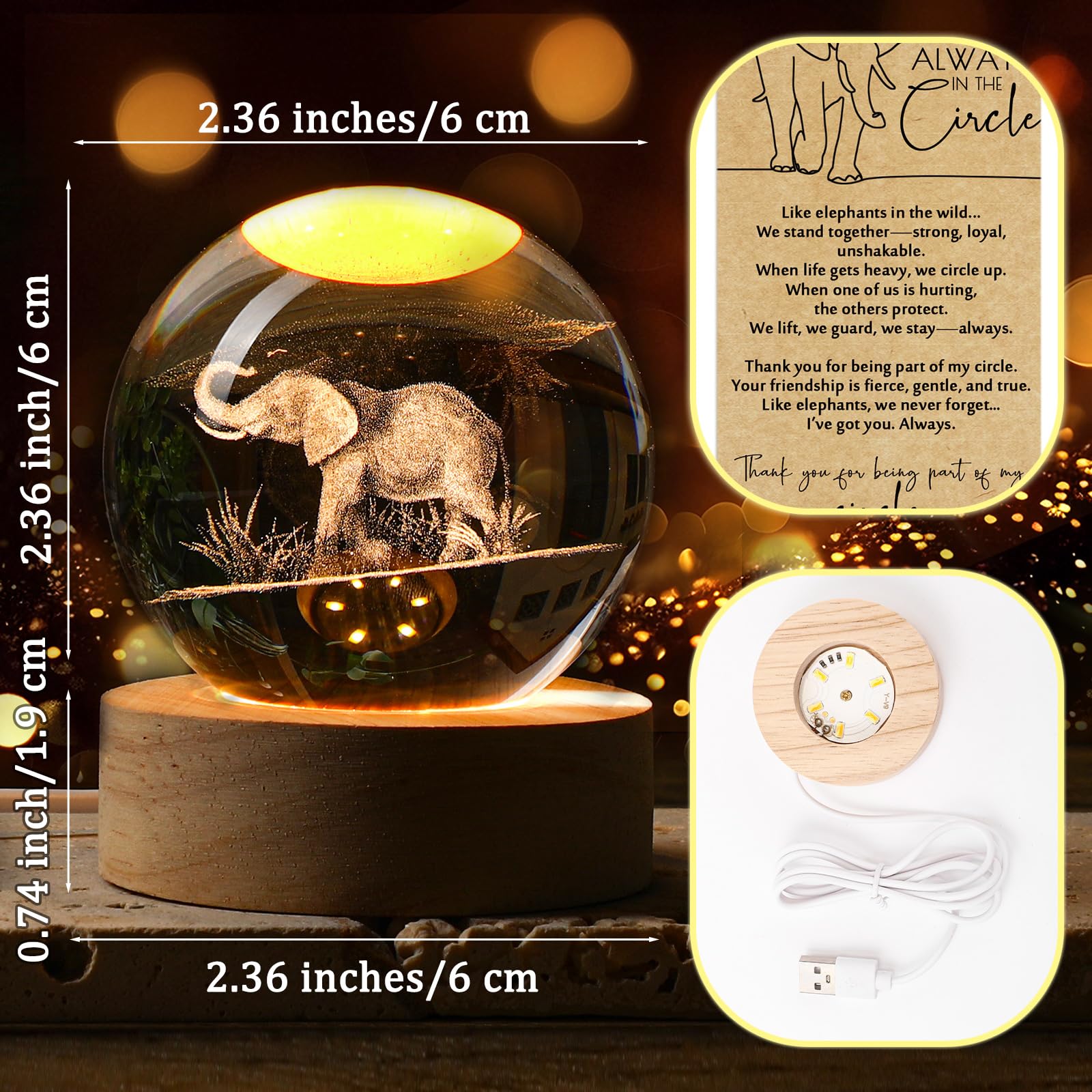 Jetec 2 Sets Thanksgiving Elephant Crystal Ball Night Lamp 3D Elephant Friendsgiving Gift  Light With Wood Base Friendship Card Best Friend Decor Gift For Long Distance Bff Women Christmas Birthday