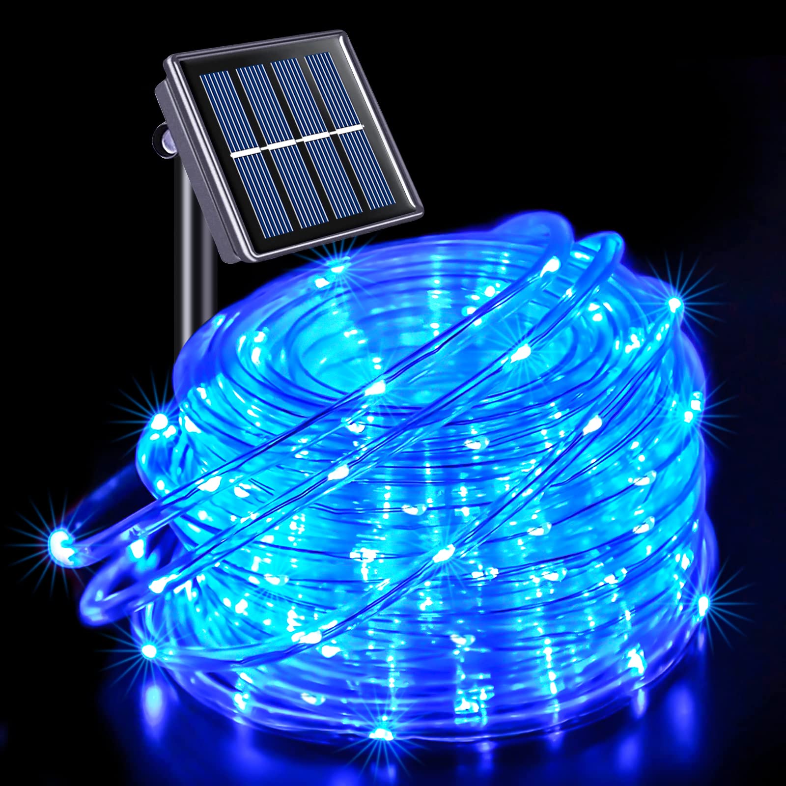 JMEXSUSS 200 LED Solar Rope Lights, IP 65 Waterproof LED Rope Lights Outdoor with 8 Modes, 66ft PVC Tube Solar Christmas Fairy Lights for Christmas Trampoline Fence Yard Walkway Path Garden (Blue)