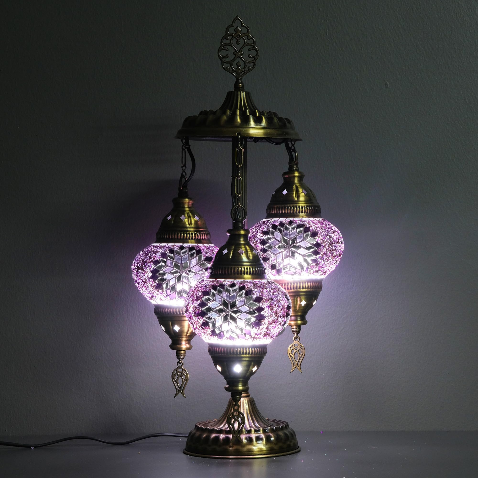 Asylove Turkish Mosaic Table Lamp, 3 Globe, Glass, 12x12x24 inch, Purple, Model 3GlobeAPNo2