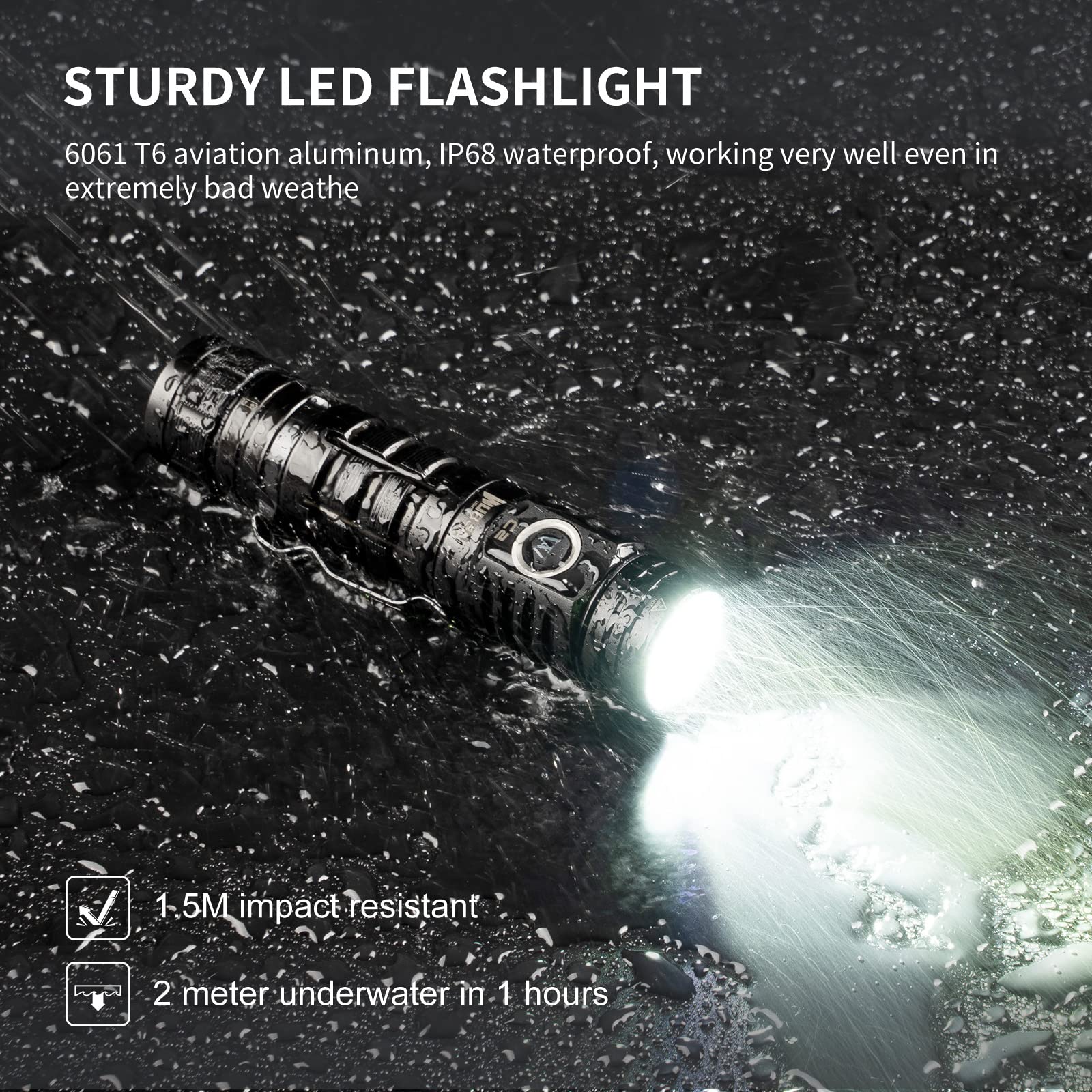 WUBEN C2 Tactical Flashlight - 2000 Lumens, USB-C Rechargeable, 7 Modes, Waterproof, Black, Aluminum