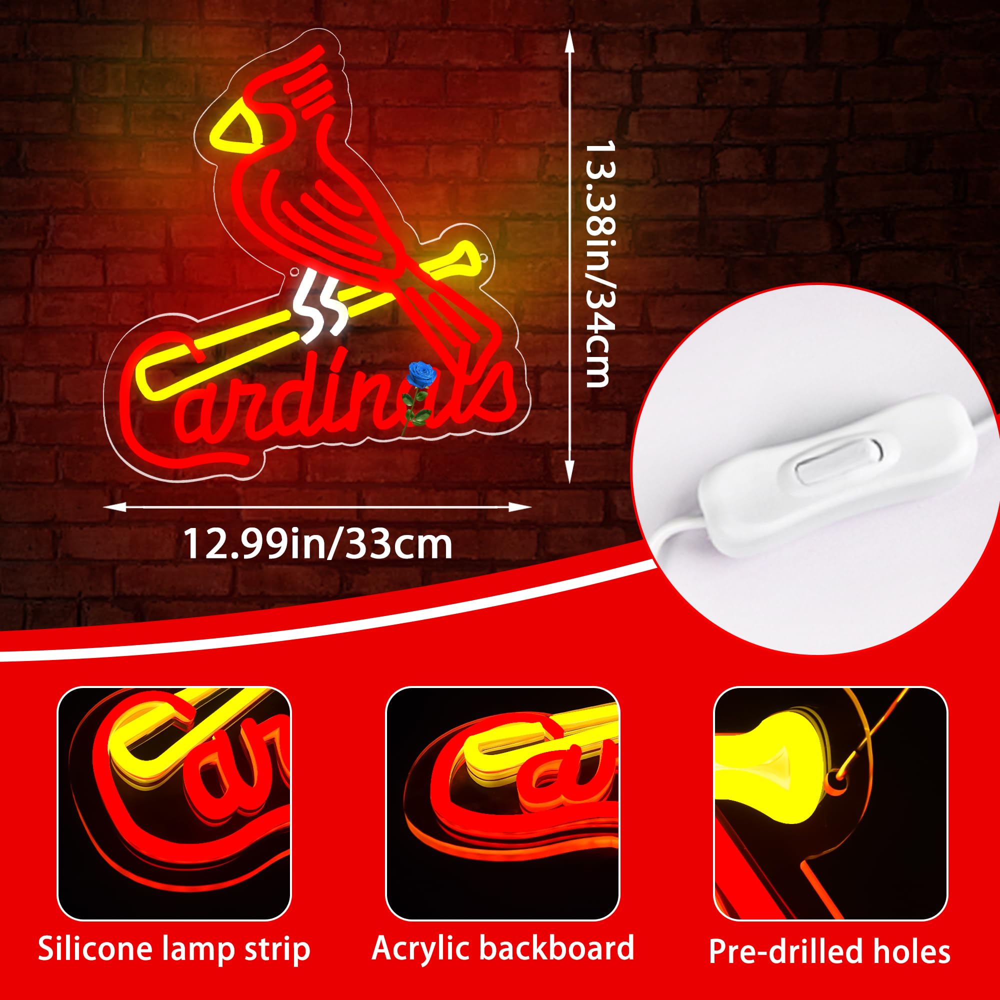 Brineon Baseball Neon Sign - LED Wall Decor for Man Cave, 13x13.4 In, Red Yellow, Acrylic, Model ZYLD134