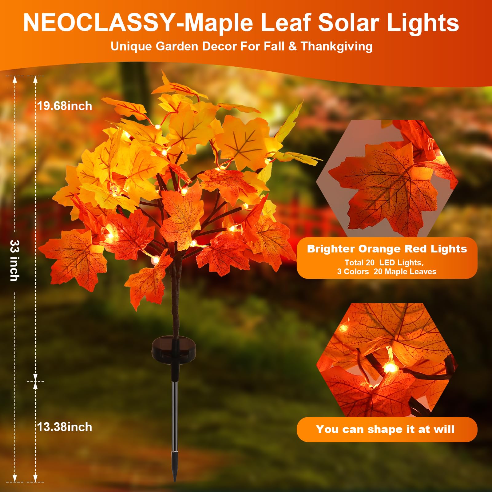 2Pack Fall Solar Lights Outdoor Decorative  Waterproof 40Led Orange Fall Lights With 80 Maple Leaves Path Lights  Solar Lights For Fall Autumn Patio Garden Halloween Thanksgiving Decorations