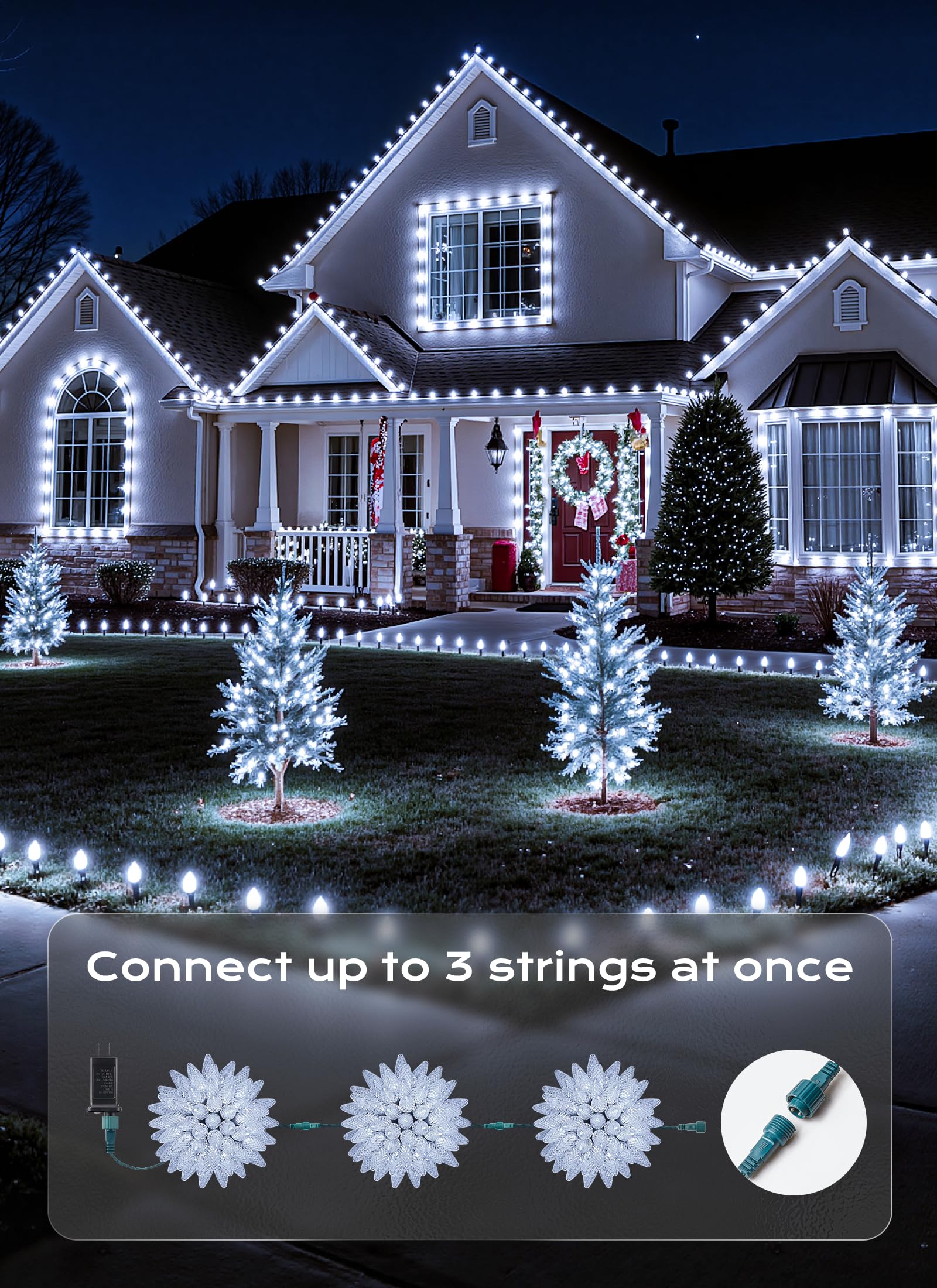 C9 Led Christmas Lights Outdoor  72 Ft 110 Led C9 String Lights  8 Modes & Timer Connectable Waterproof For Christmas Tree Light Indoor Outdoor Roofline Patio Garden Yard Xmas Decoration  White 2 Pack