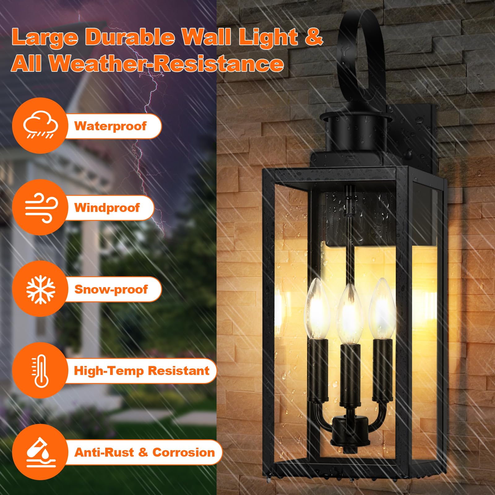 Outdoor Wall Light Fixture, 3-Light 19    Large Waterproof Outside Wall Mounted Sconce Light Fixture With Clear Glass Shade, Bla