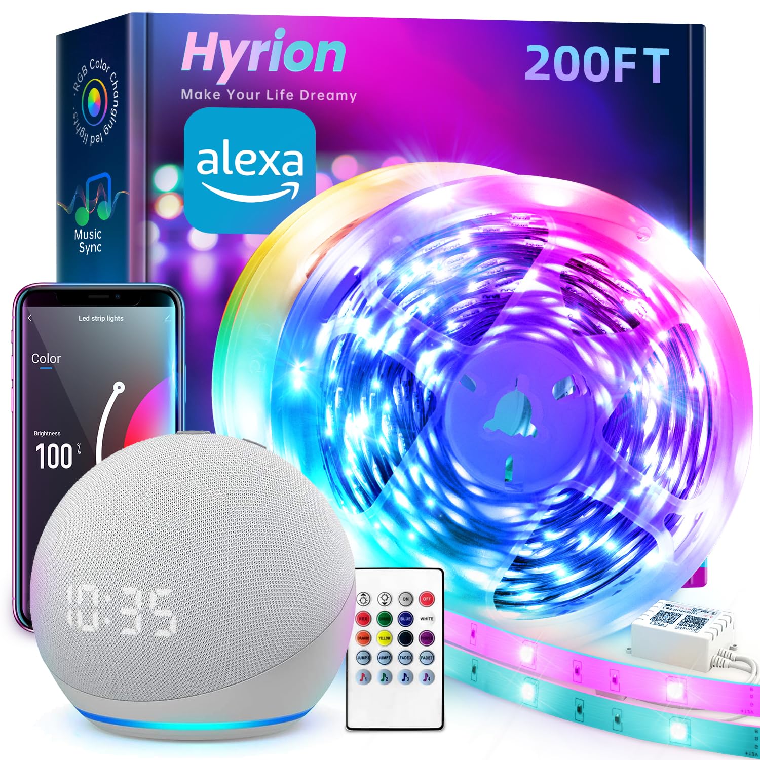 Hyrion Smart Led Light Strips 200Ft, Wifi, Multicolor, Sound Activated, Syncs With Alexa & Google, Model Ahc50741524G
