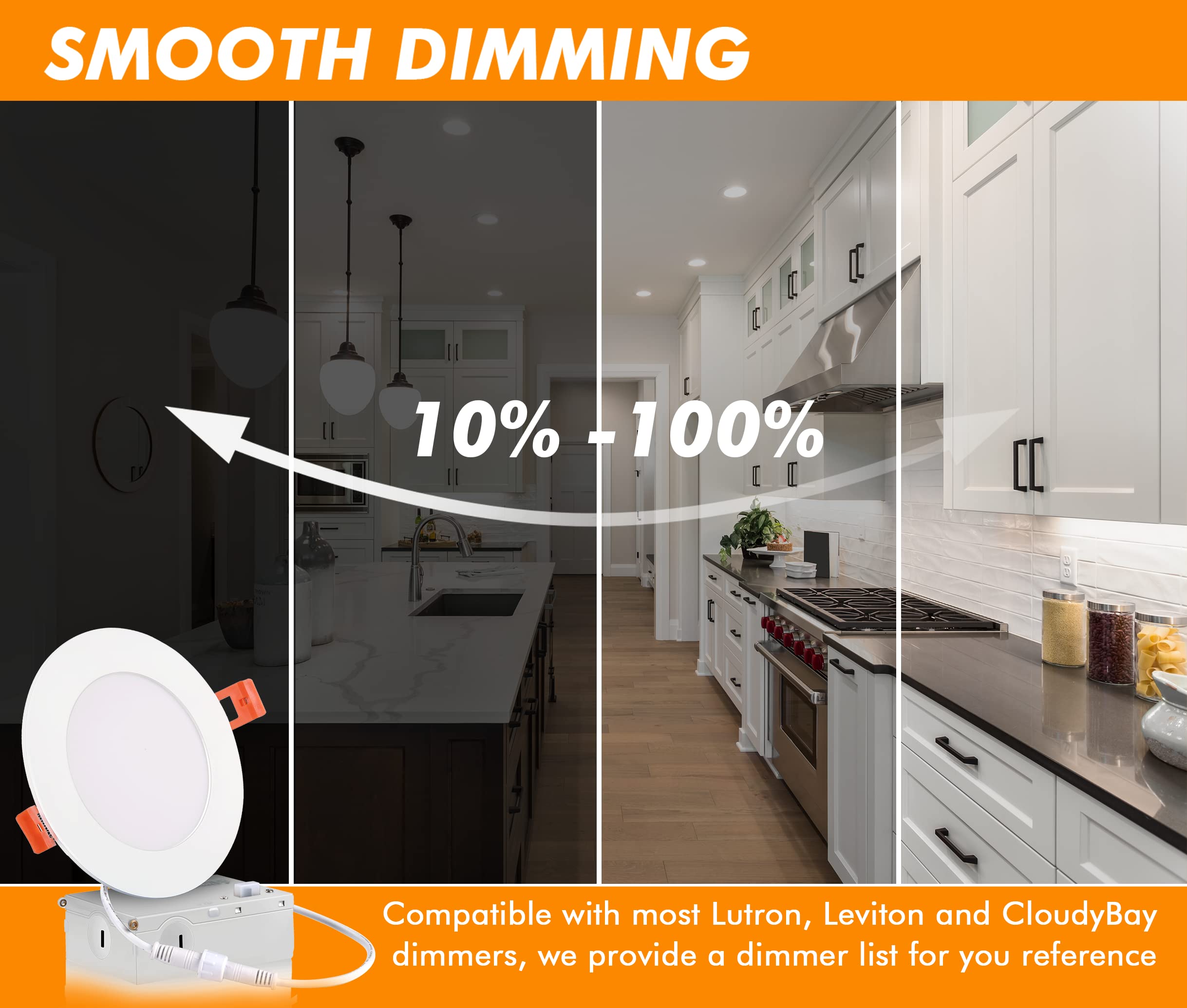 CLOUDY BAY Ultra-Thin 4" LED Recessed Ceiling Light, 5CCT, 10W Dimmable, 650LM, Polycarbonate, 12 Pack