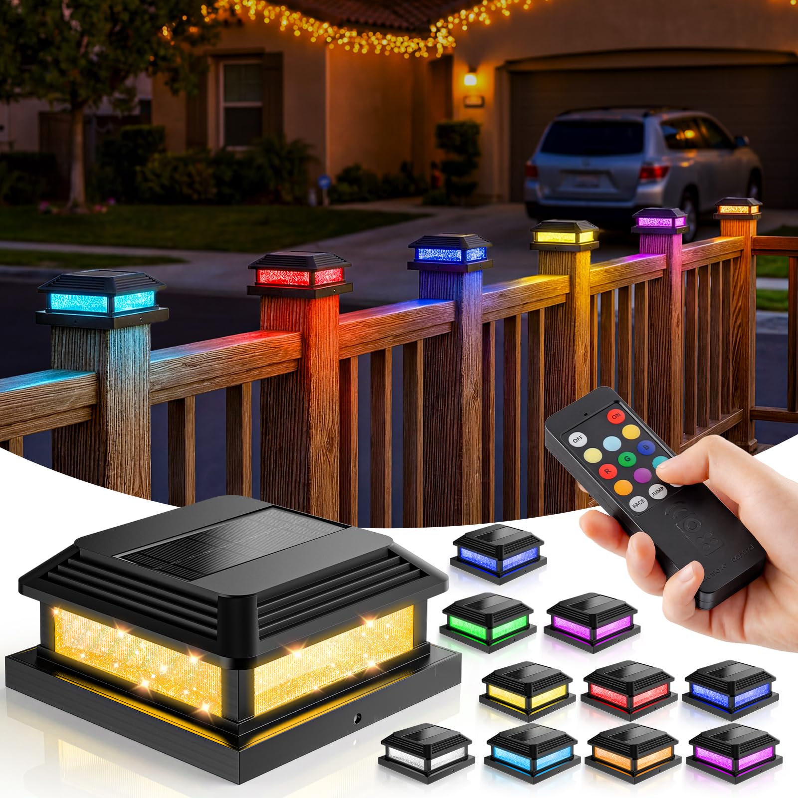 JOFIOS Solar Post Cap Lights Outdoor with Remote 12pack - Control 8 RGB Color Changing & Multicolor Flow Modes Easily, IP65 Wate
