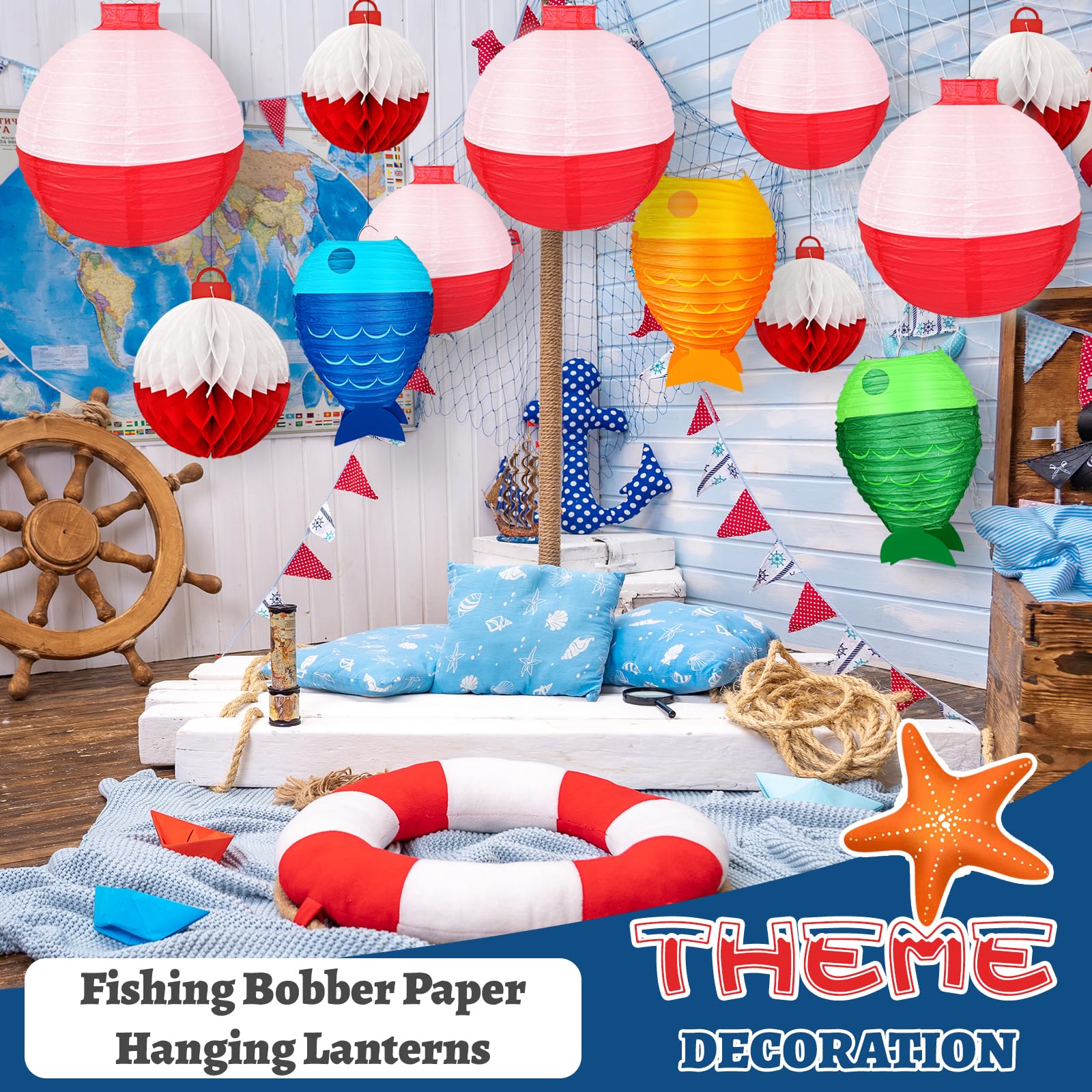 13Pcs Fishing Bobber Paper Lanterns Hanging Fish Shaped Lanterns Honeycomb Ball Decorations Red And White Paper Lanterns For Fis