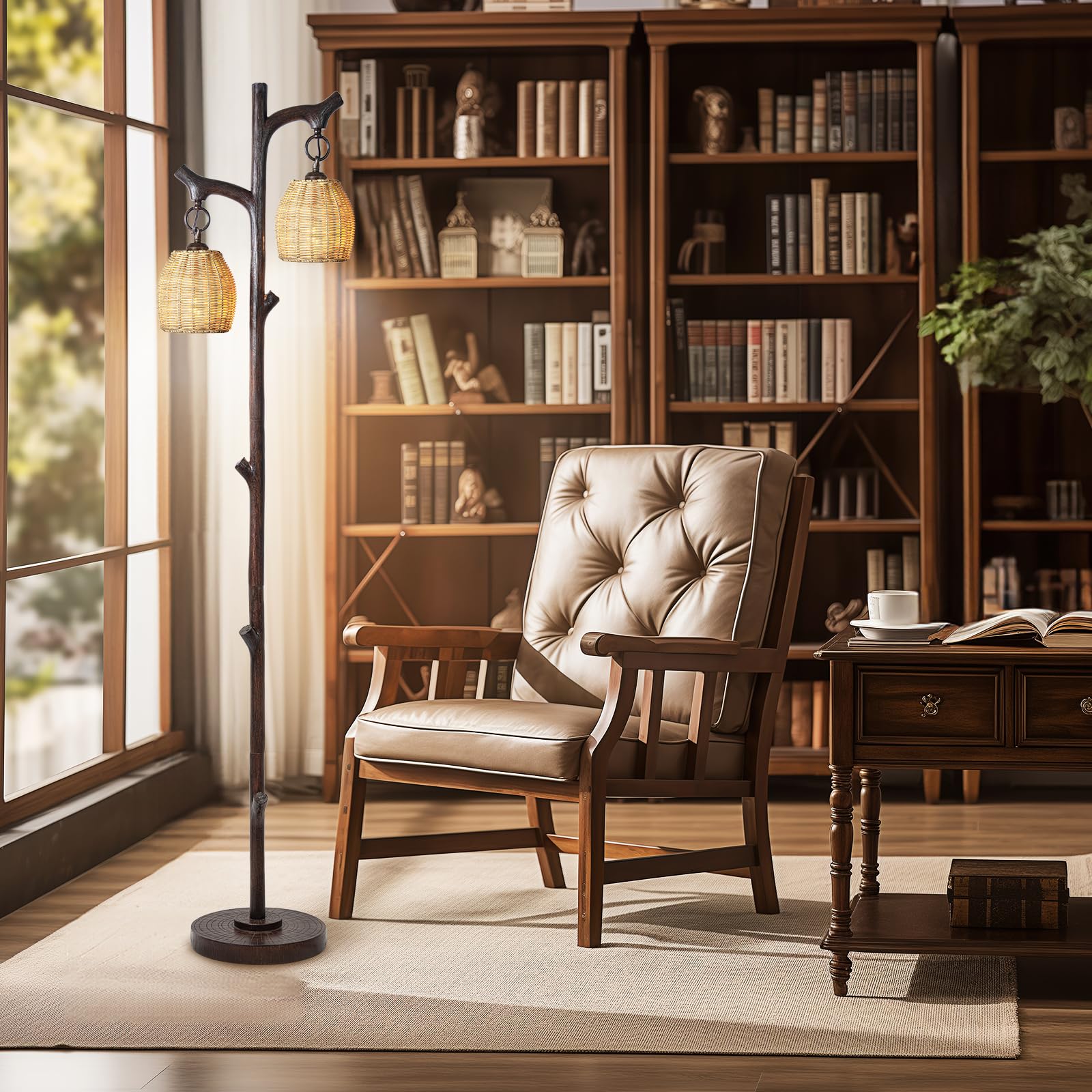 Scenekoy 68" Rustic Farmhouse Floor Lamp - Dark Bronze Faux Wood Column with Wicker Drum Shade for Living Room & Bedroom Decor