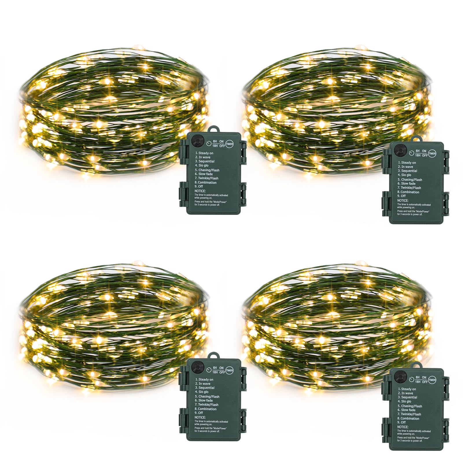 Dealbeta 4 Pack Battery Operated Fairy Lights, 50 Led Warm White Starry String Lights, Dark Green Wire