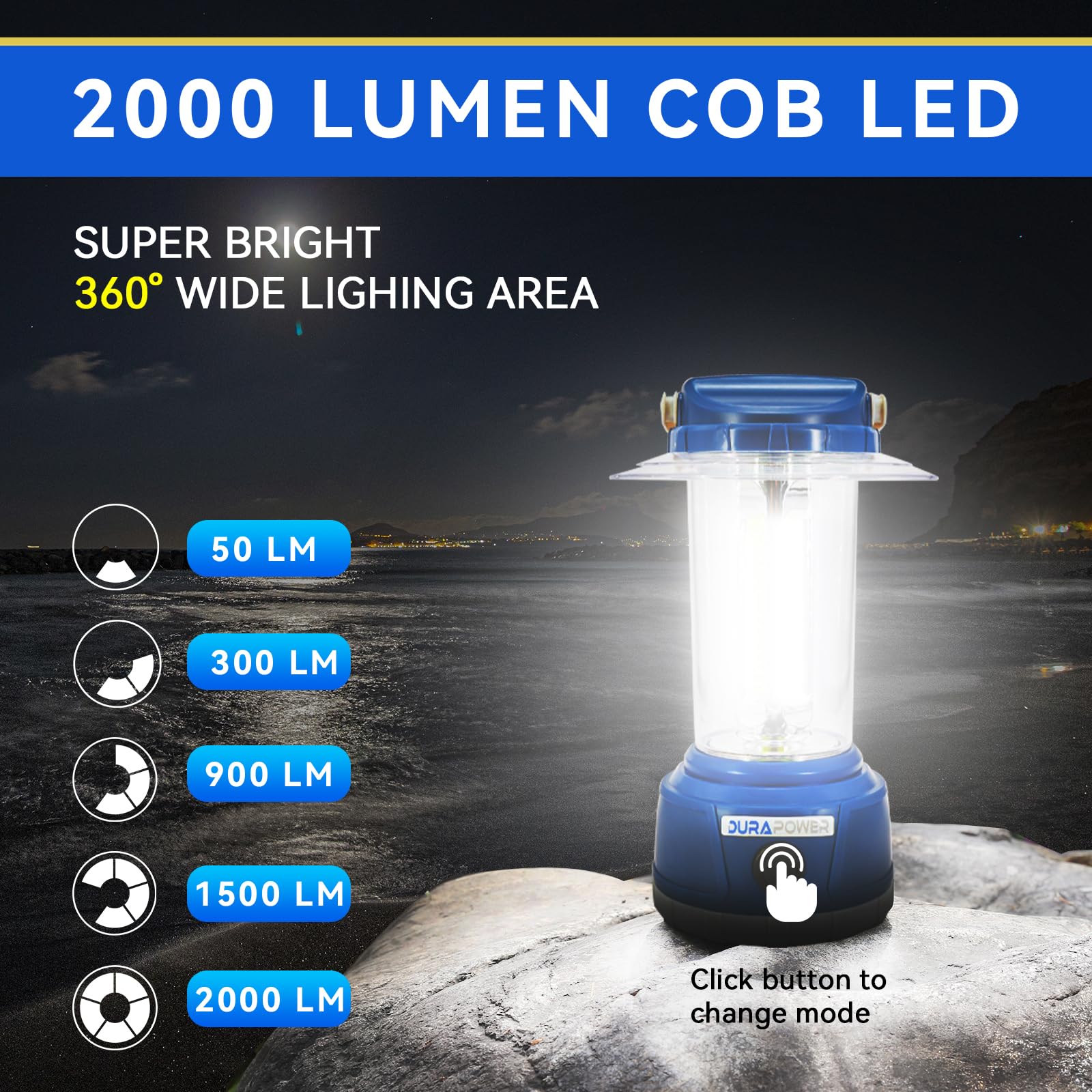 Durapower LED Camping Lantern 2000 Lumen, Rechargeable, 5 Modes, 4000 mAh, IP44 Waterproof, Blue, Model AM20-1363