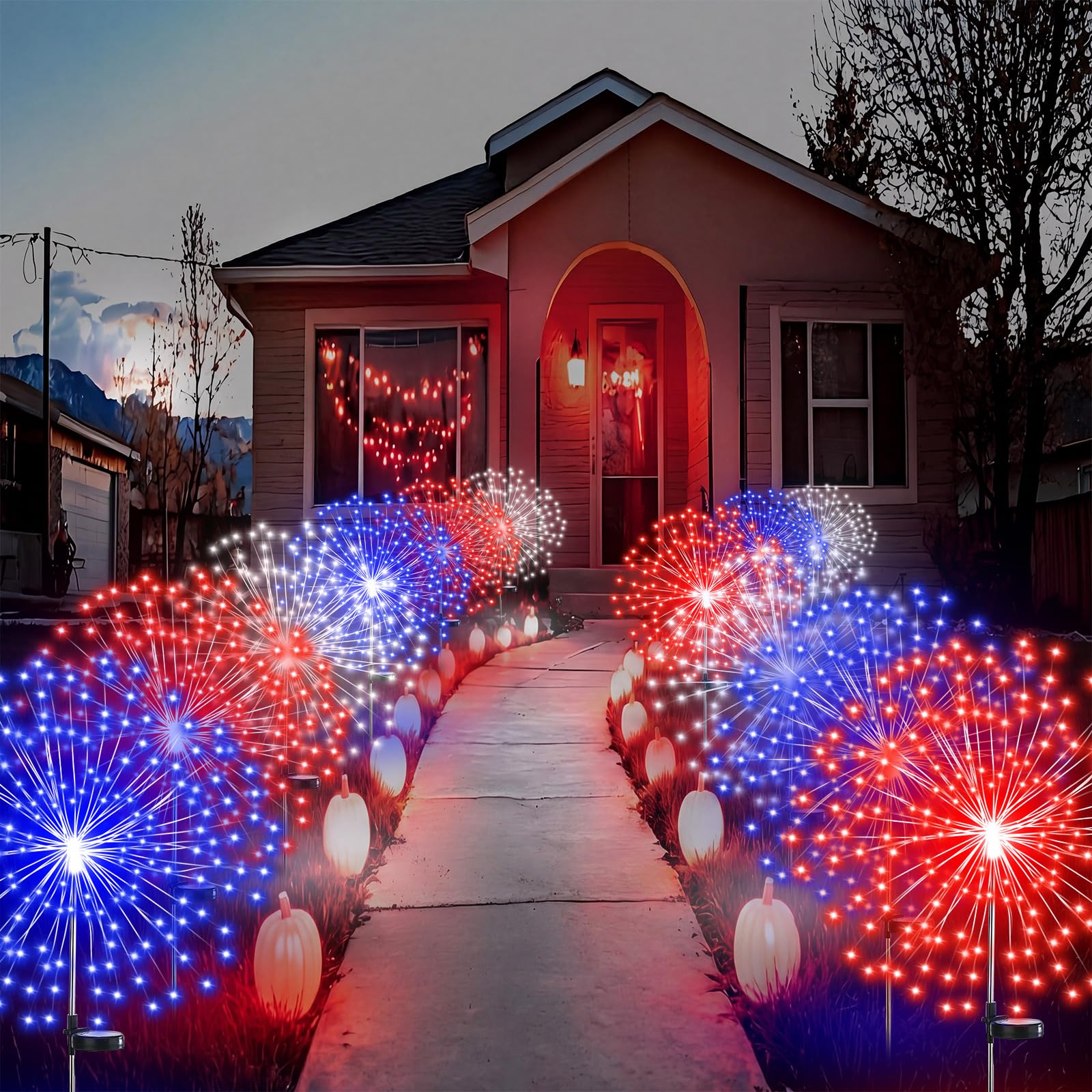 Tujoe 12 Pcs 4th of July Solar Firework Stake Lights 180 LED 8 Modes Solar Waterproof LED Sparkler Lights Outdoor Patriotic Deco