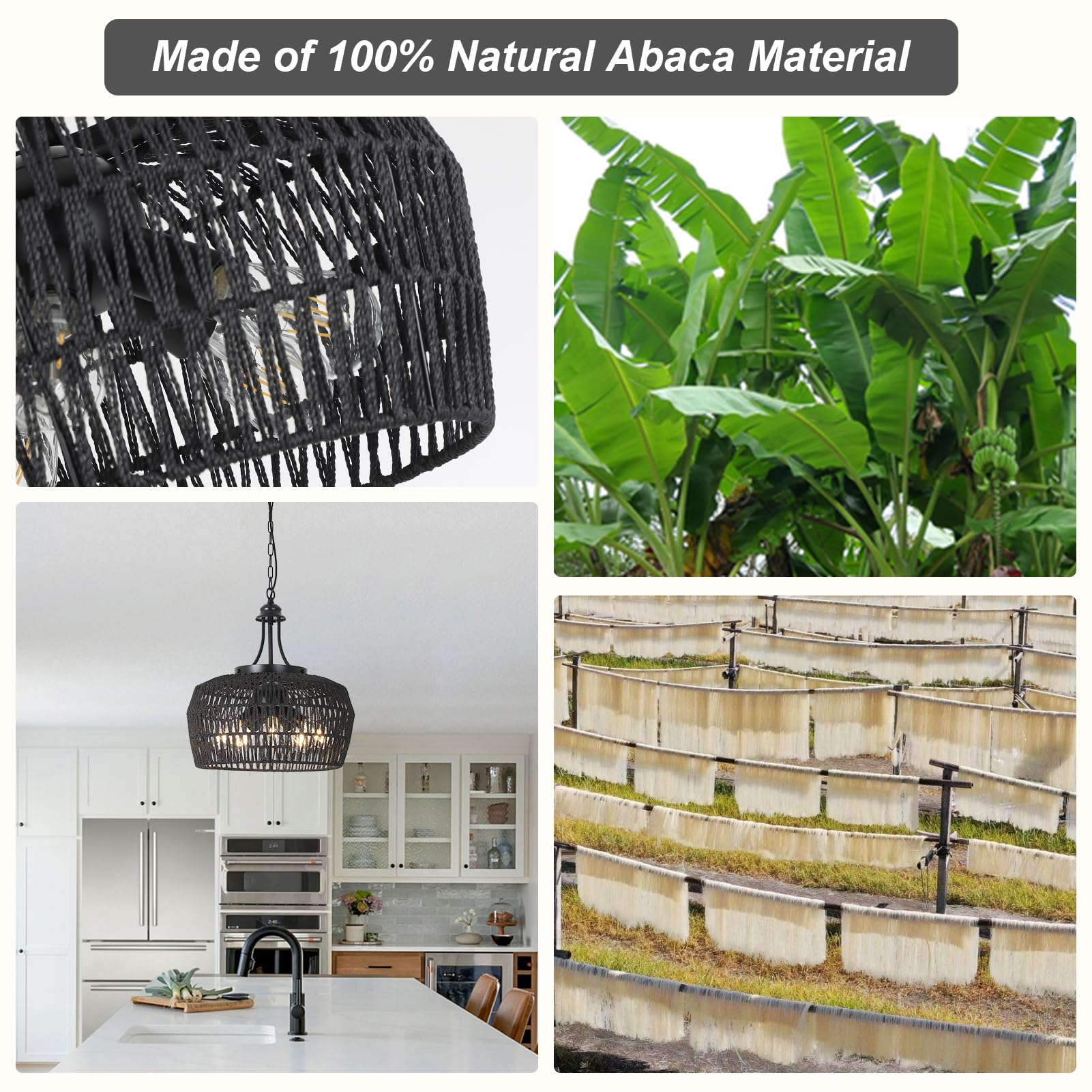 HMVPL 5-Light Black Rattan Chandelier - Farmhouse Pendant Light for Dining Room, Kitchen Island, Bedroom, Living Room, Model 230803B1