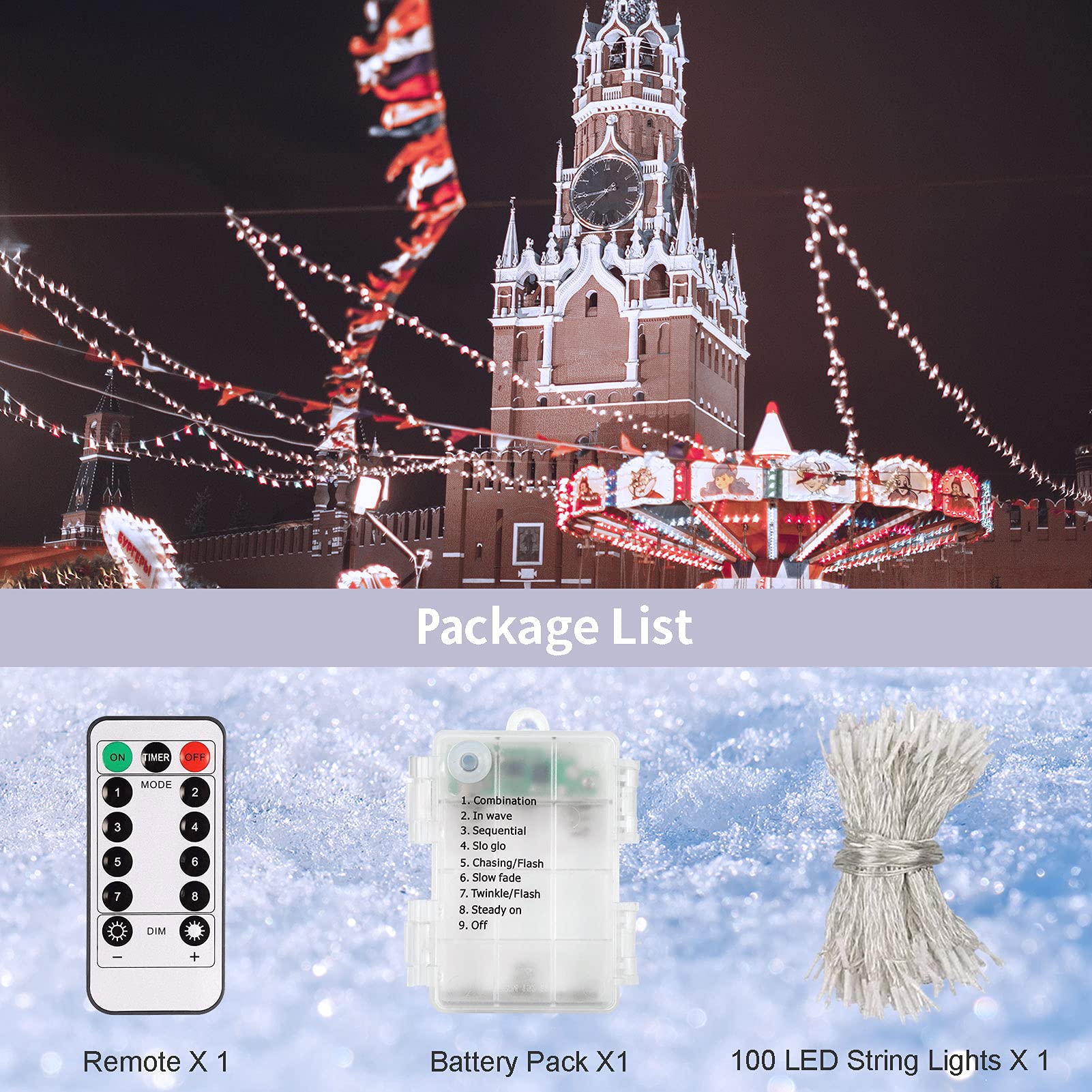Echosari Outdoor Led Fairy String Lights, 100 Battery Operated Lights, Remote Dimmable, Timer, 8 Modes, Cool White, 1 Pack